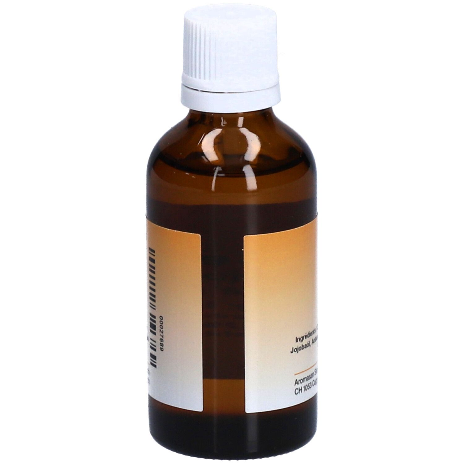 Braune Glasflasche mit weißem Verschluss. Etikett mit Produktinformationen. 50 ml. Text: Inhaltsstoffe, Ursprung, Tocopherol.