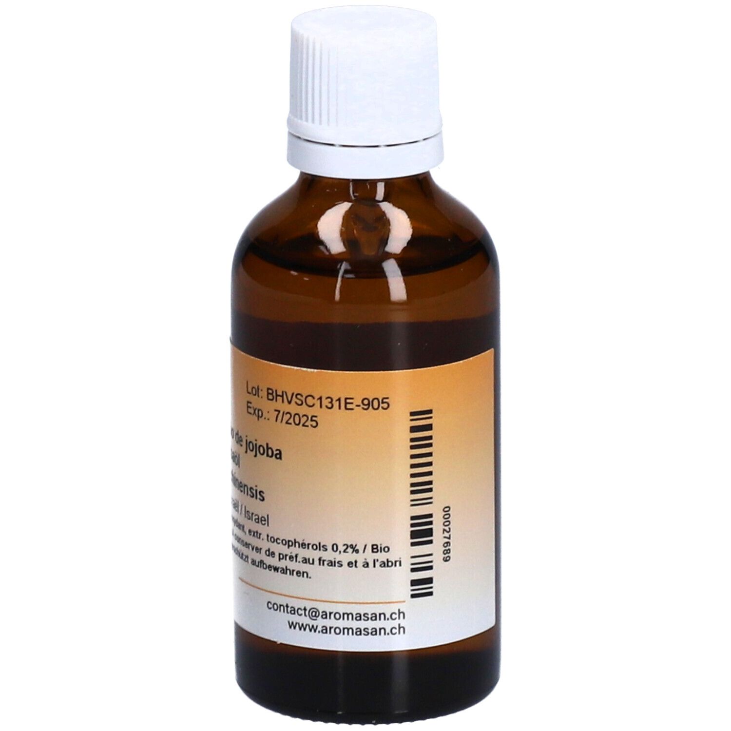 Braune Glasflasche mit weißem Verschluss. Etikett mit Produktinformationen. 50 ml. Text: Haltbarkeit, Chargennummer.