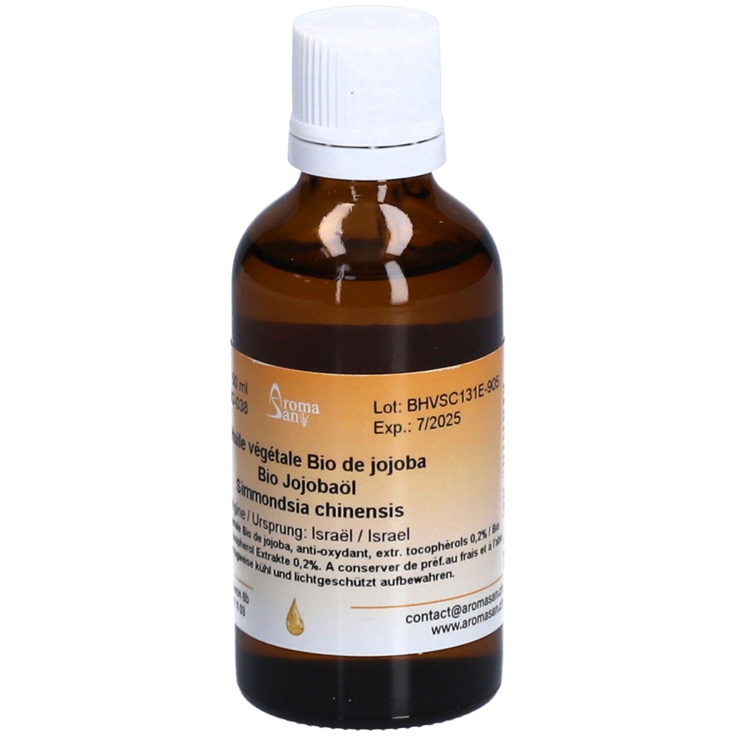Braune Glasflasche mit weißem Verschluss. Etikett mit Produktinformationen. 50 ml. Text: Haltbarkeit, Chargennummer.