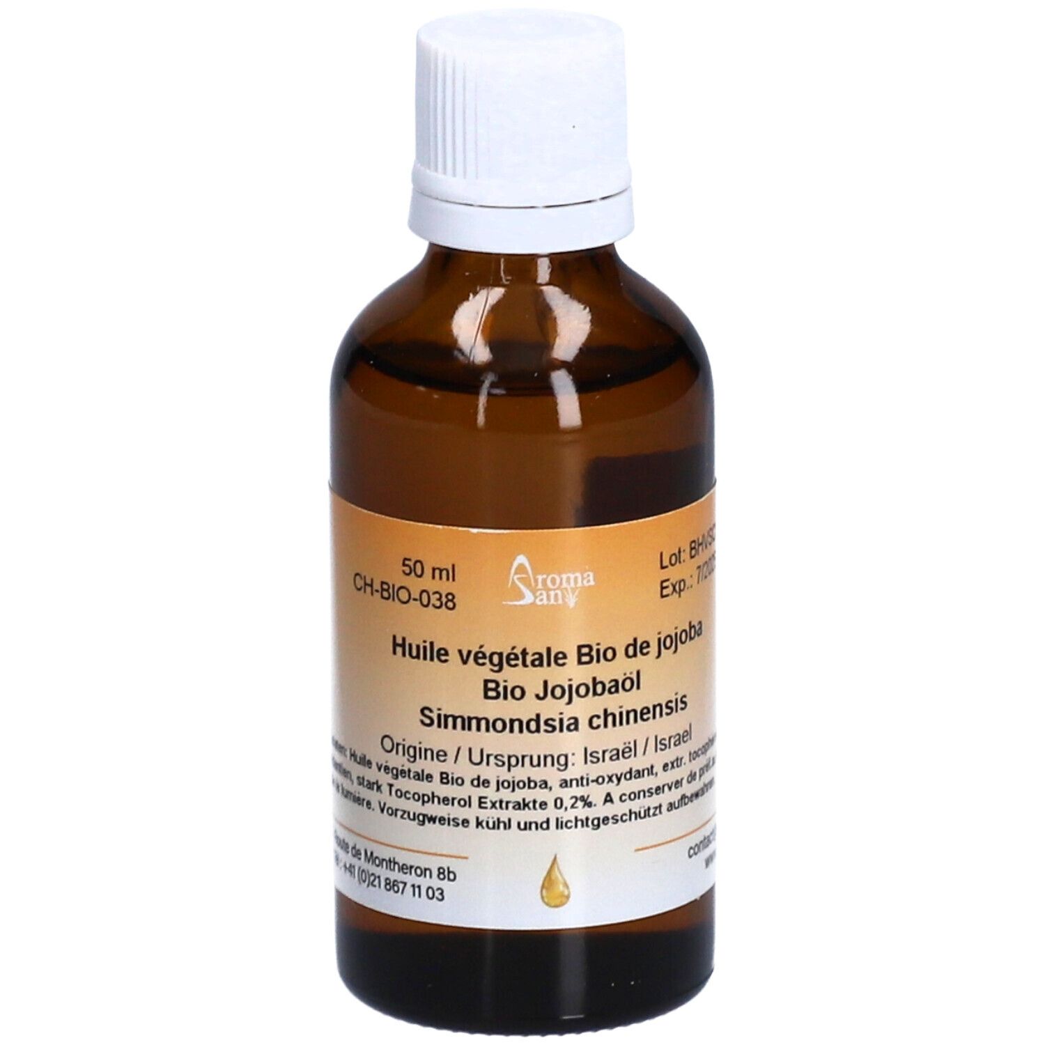 Braune Glasflasche mit weißem Verschluss. Etikett mit Produktinformationen. 50 ml. Text: Haltbarkeit, Chargennummer.