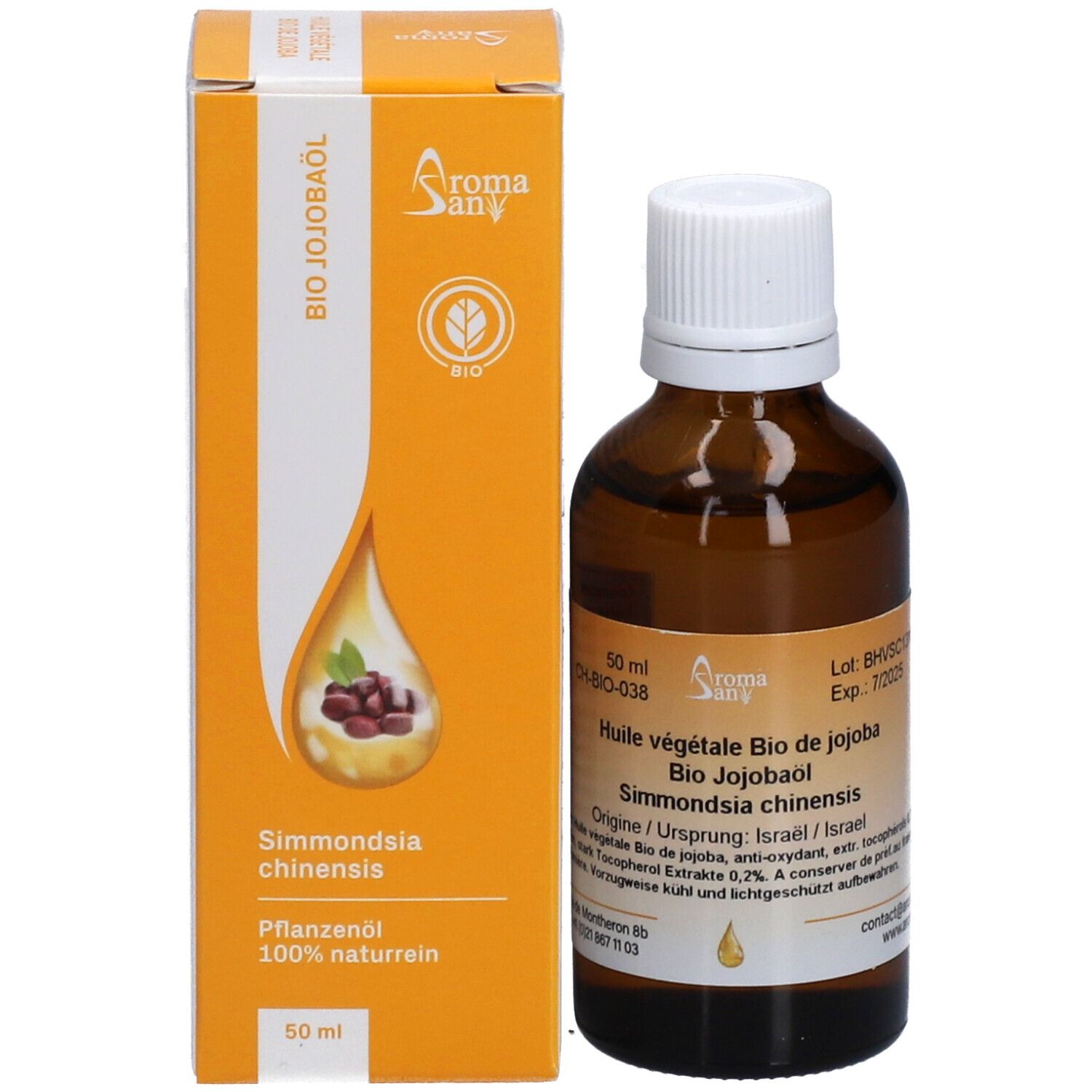 Braune Glasflasche mit weißem Verschluss und gelb-oranger Verpackung. Text: Bio Jojobaöl, 50 ml, Tropfensymbol, Pflanzliches Öl.