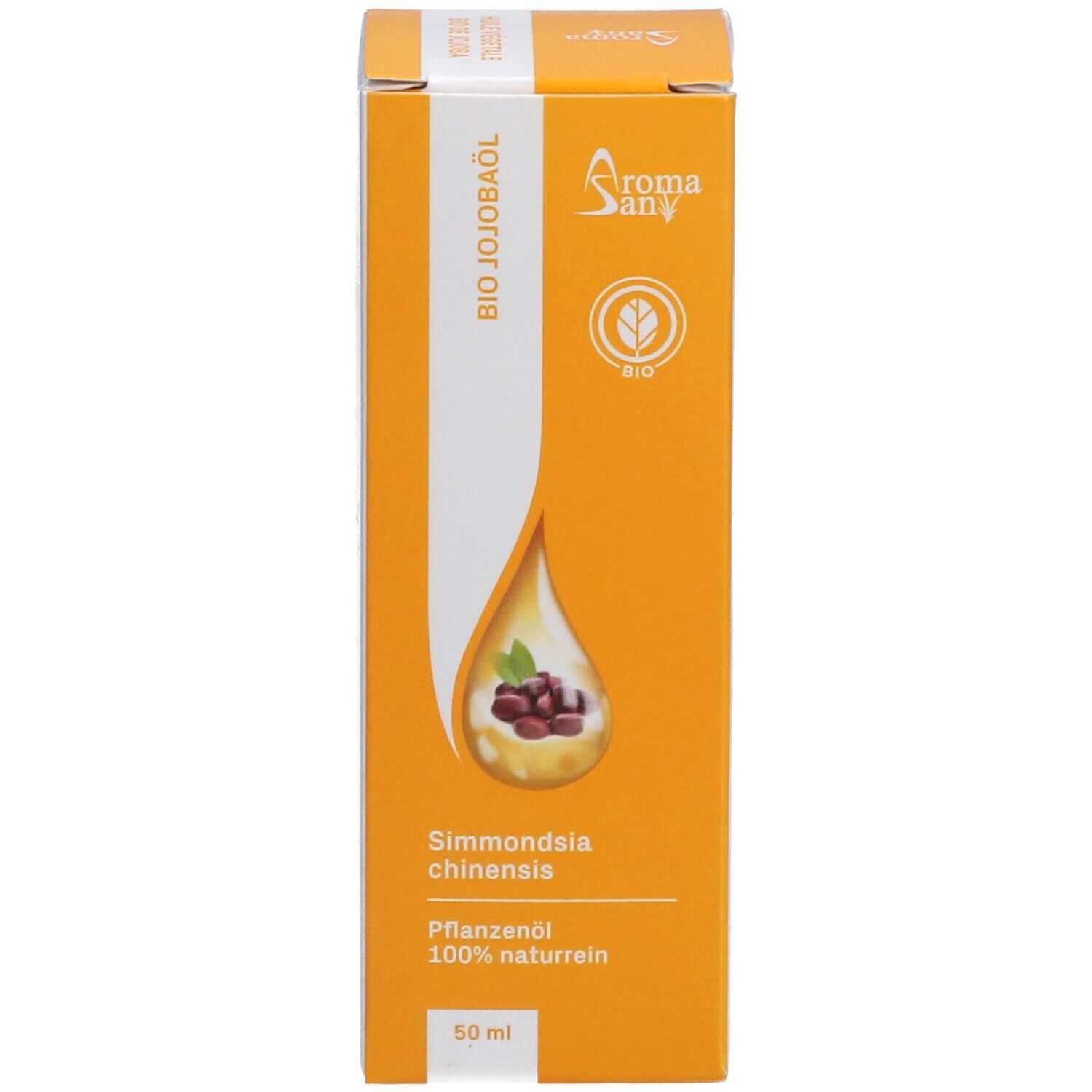 Gelb-orange Verpackung mit Text: Bio Jojobaöl, Pflanzliches Öl, 50 ml. Tropfensymbol mit Samen.