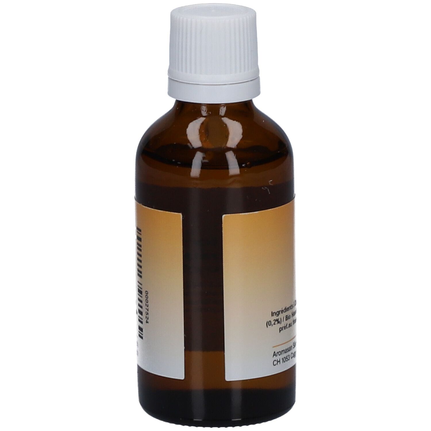 Bruine glazen fles met witte dop. Achterkant met etiket, tekst en batchnummer. Beige etiket.