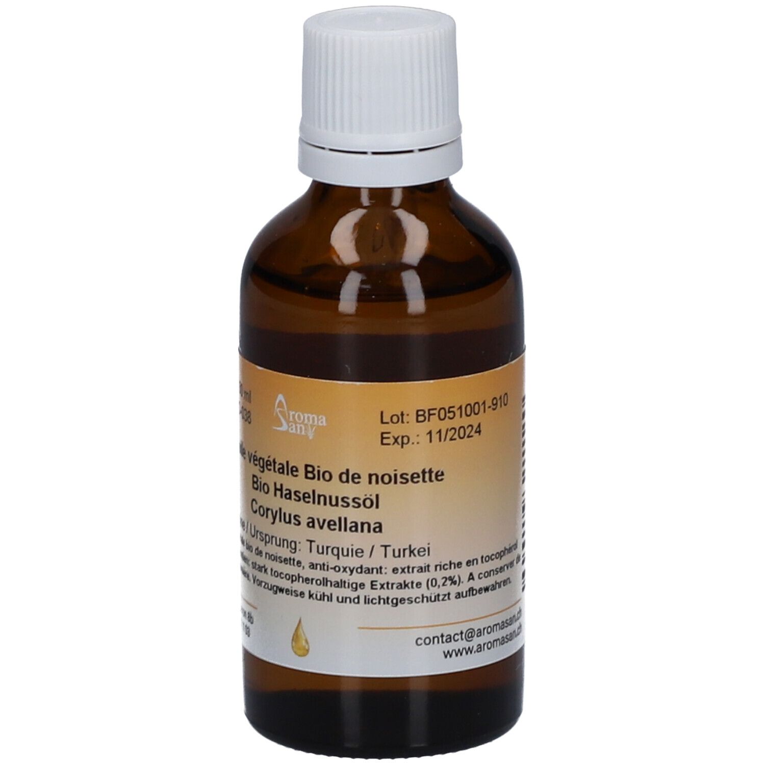 Bruine glazen fles met witte dop. Etiket met productnaam, ingrediënten en batchnummer. Druppelsymbool.