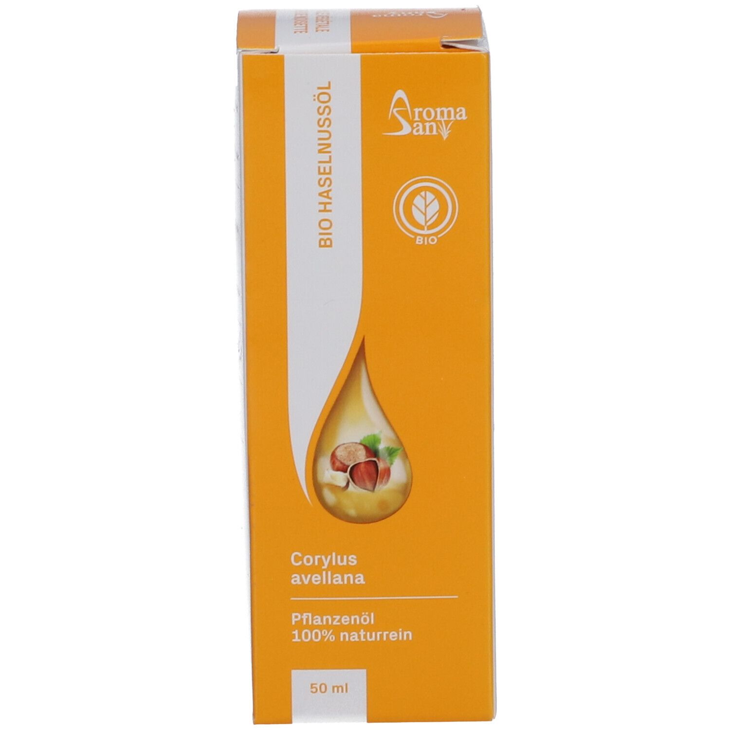 Gele verpakking met productnaam, logo en druppelsymbool. Bevat een bruine glazen fles.