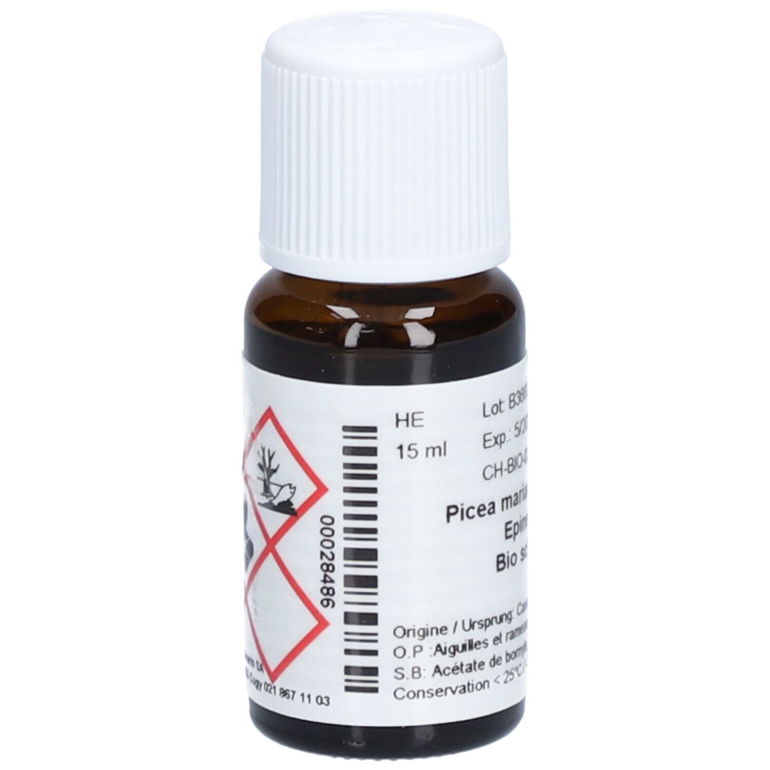Braune Glasflasche mit weißem Schraubverschluss. Etikett mit Gefahrensymbolen und Produktinformationen. 15 ml.