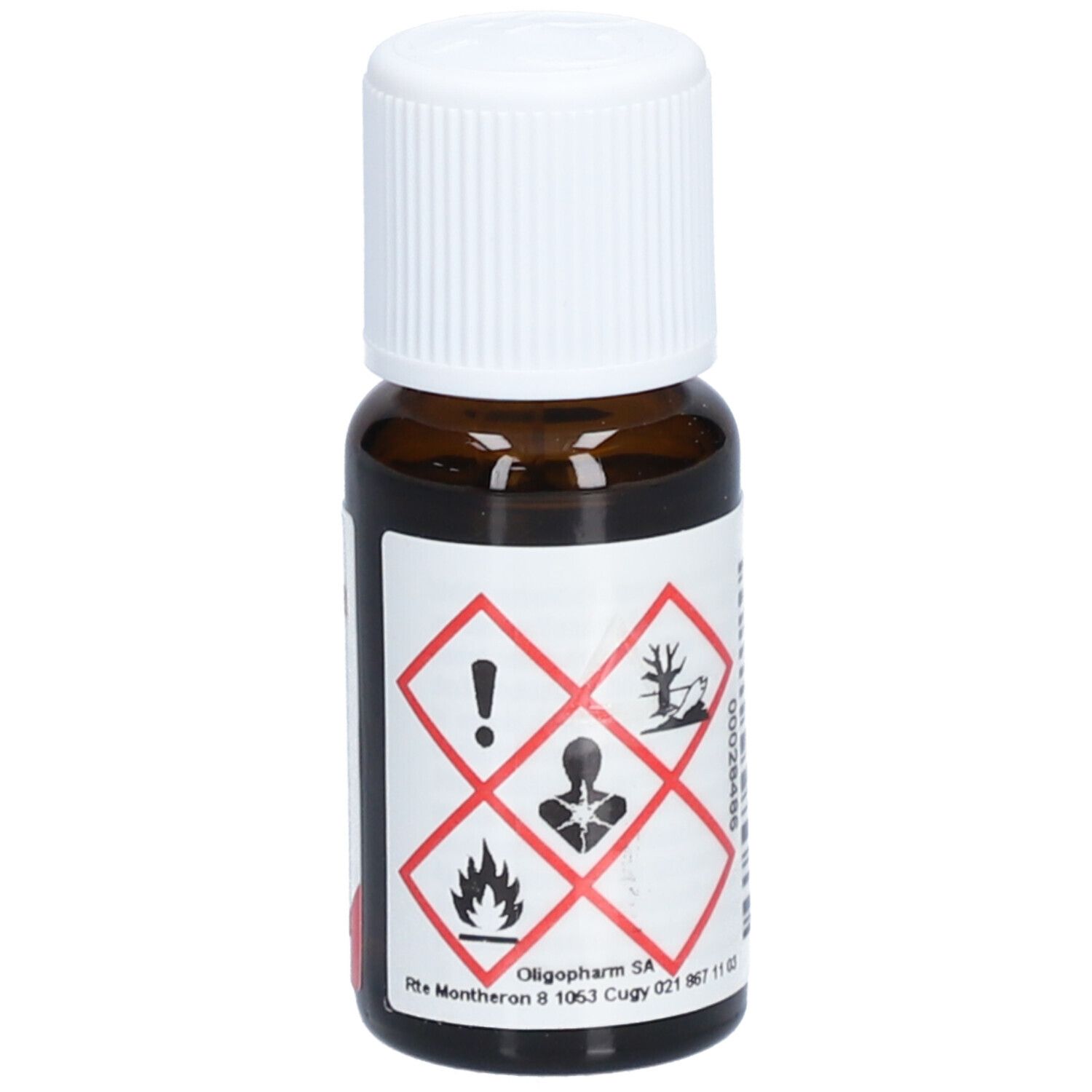 Braune Glasflasche mit weißem Schraubverschluss. Etikett mit Gefahrensymbolen. Oligopharm SA.