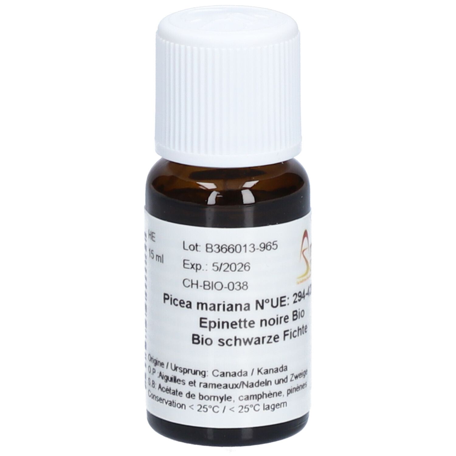 Braune Glasflasche mit weißem Schraubverschluss. Etikett mit Produktinformationen und Aromasan Logo. 15 ml.
