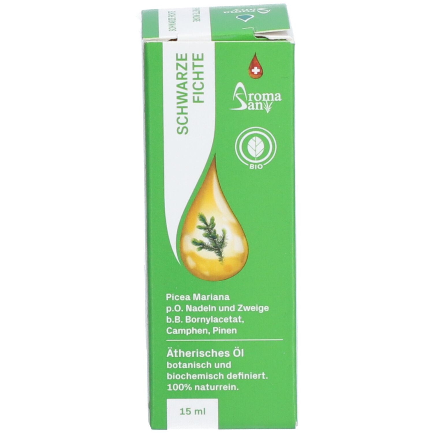 Grüne Verpackung mit Produktinformationen und Aromasan Logo. Aromasan Ätherisches Öl Schwarzfichte. 15 ml.