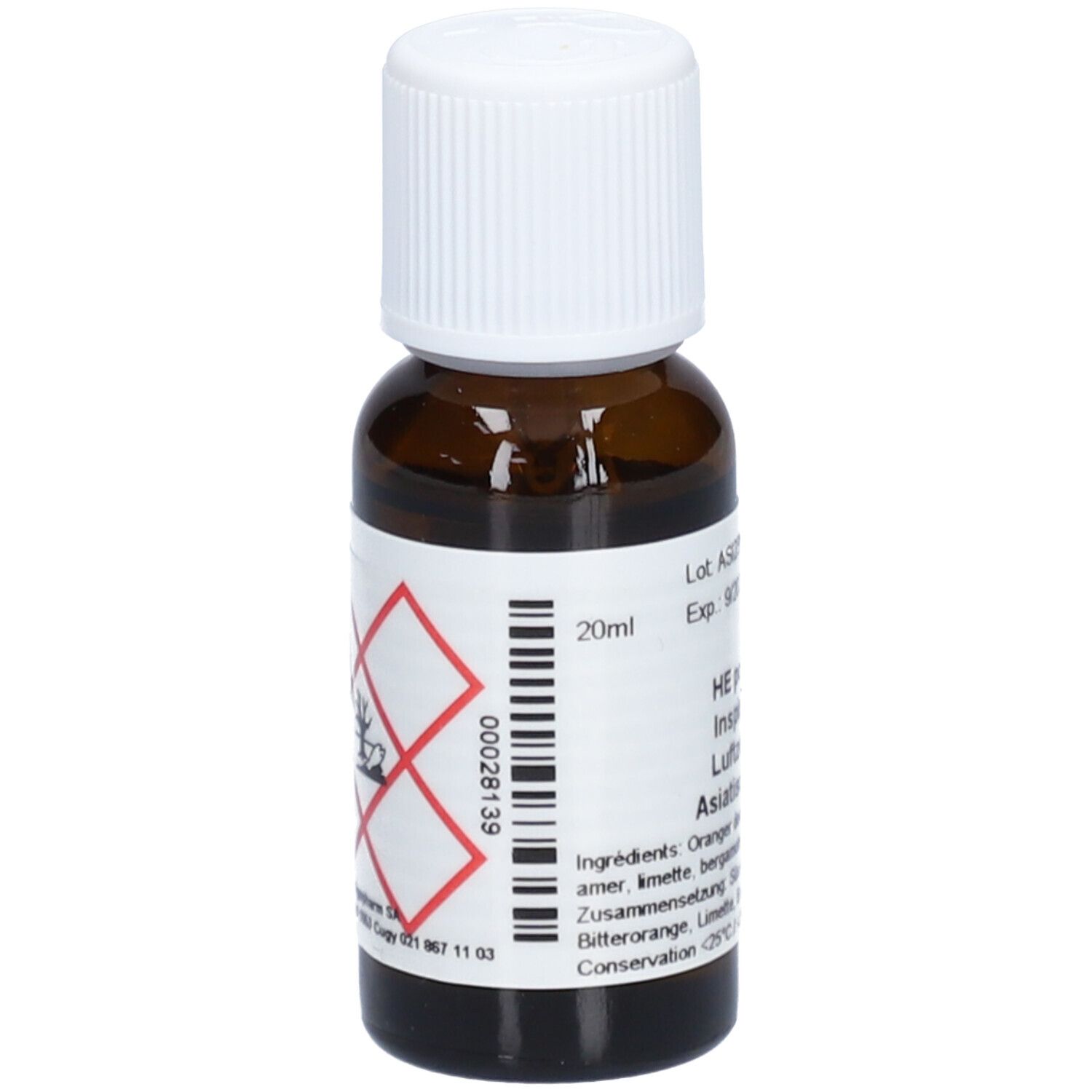 Braune Glasflasche mit weißem Deckel. Etikett mit Text und Gefahrensymbolen. 20ml.
