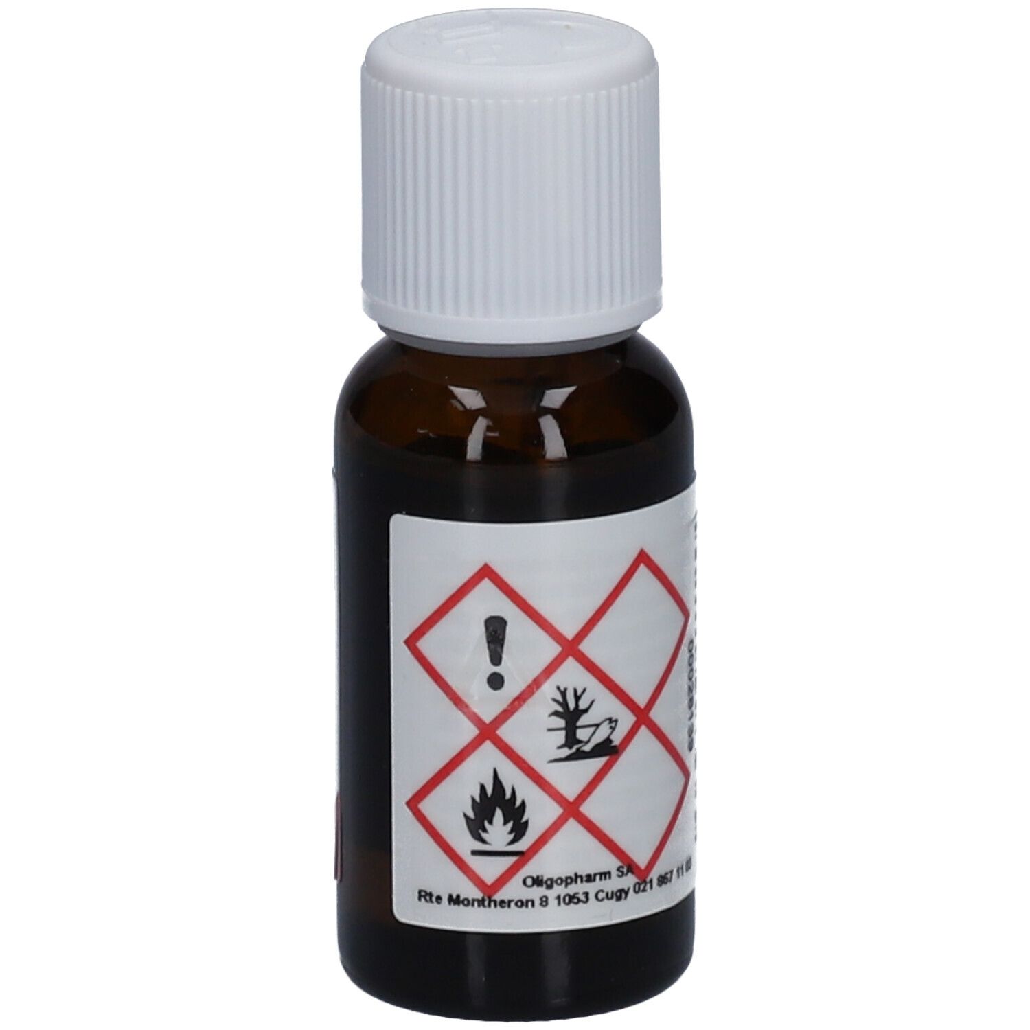 Braune Glasflasche mit weißem Deckel. Etikett mit Gefahrensymbolen. 20ml.