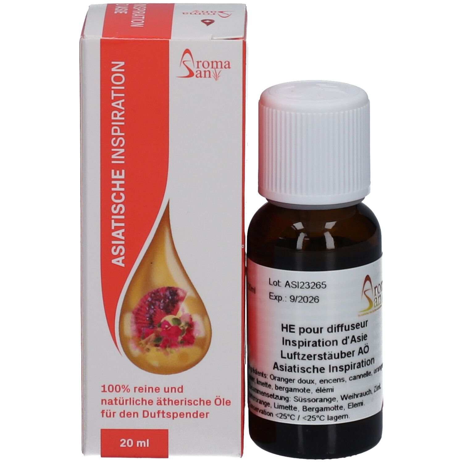 Braune Glasflasche und Schachtel. Schachtel mit Text und Aromasan-Logo. 20ml. Exp. 9/2026.