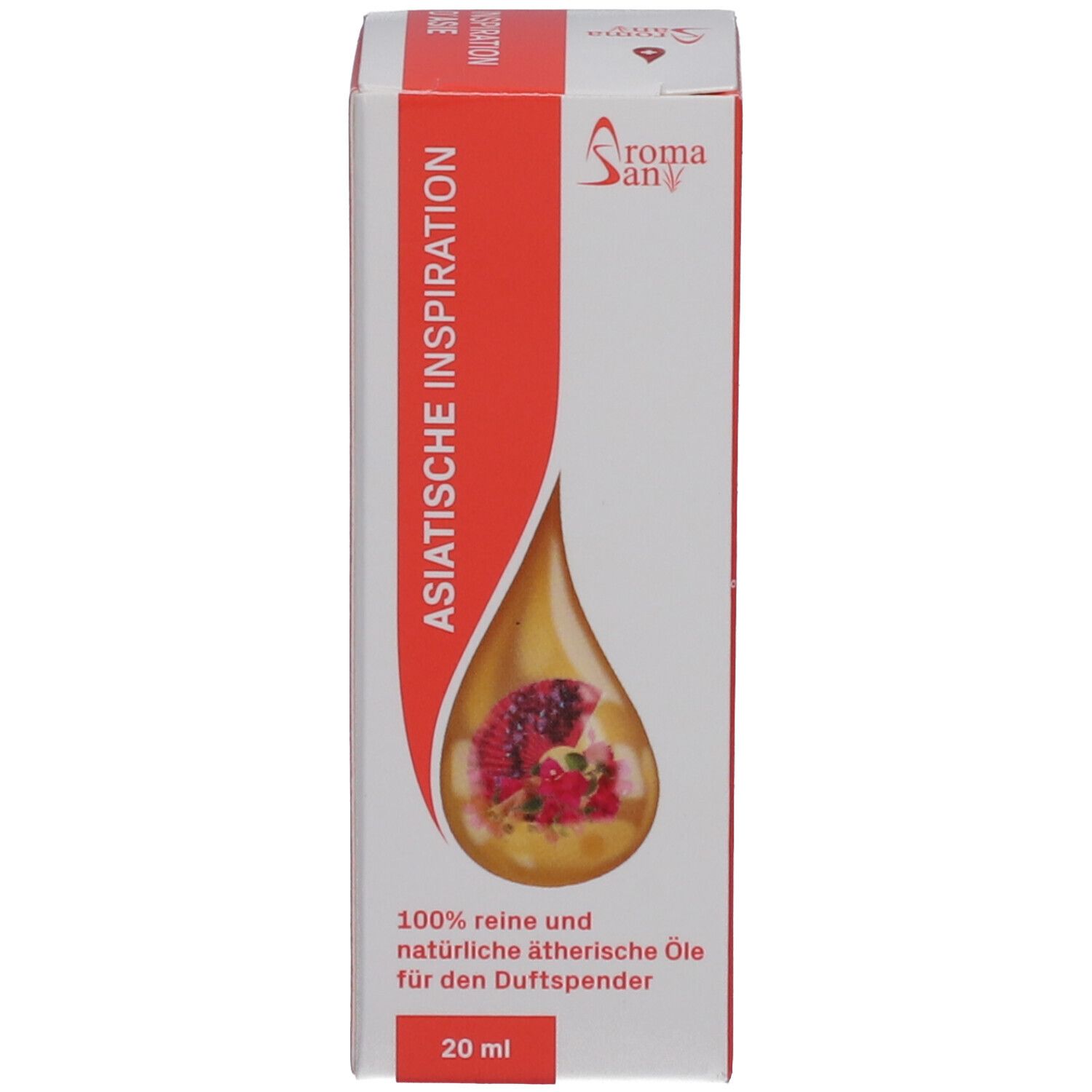 Weiße Schachtel mit Text und Aromasan-Logo. Tropfen-Illustration. 20ml.