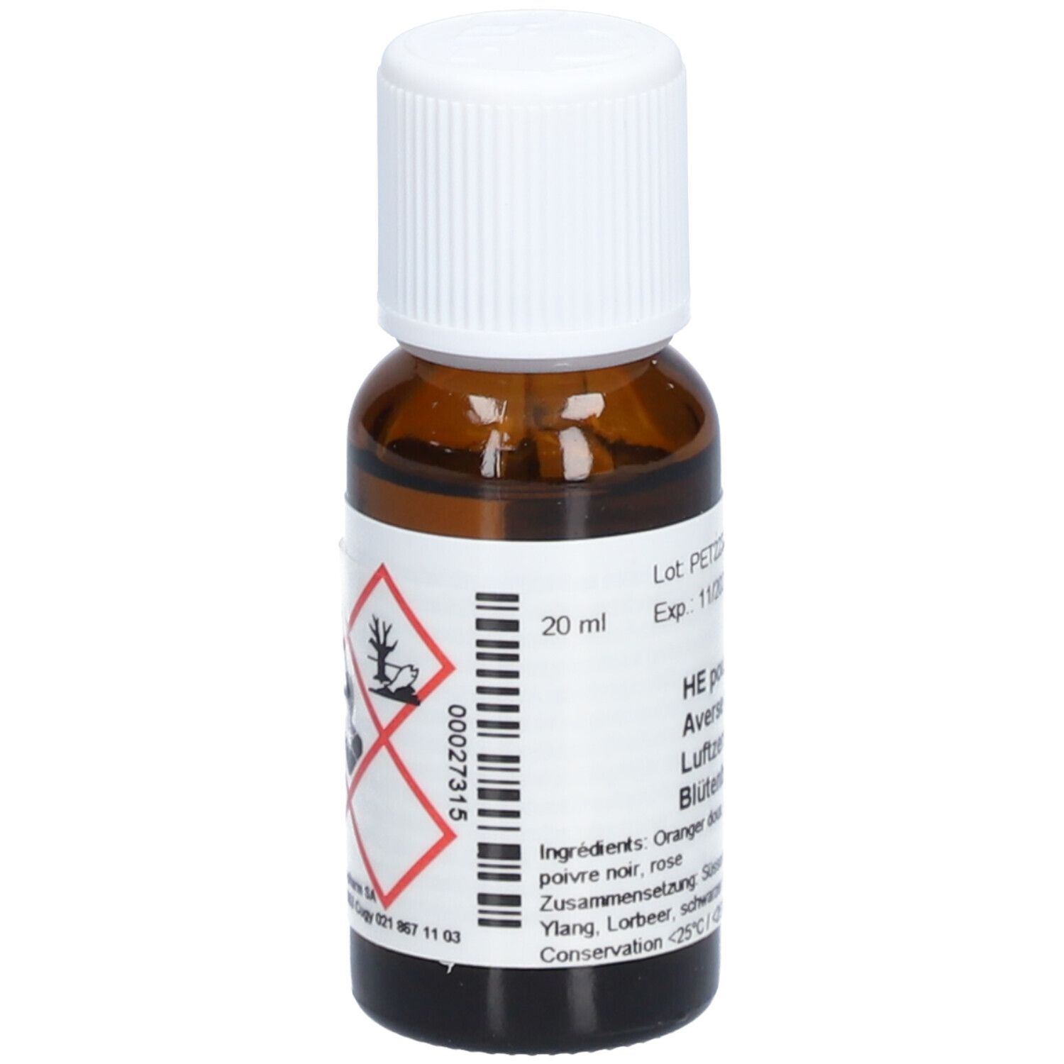 Braune Glasflasche mit weißem Schraubverschluss. Etikett mit Gefahrensymbolen und Produktinformationen. Aufschrift: 20 ml.