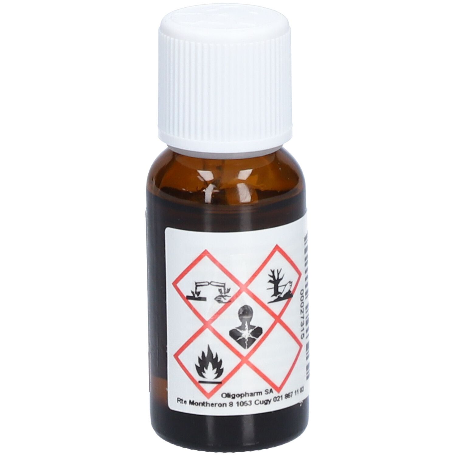 Braune Glasflasche mit weißem Schraubverschluss. Etikett mit Gefahrensymbolen. Aufschrift: Oligopharm SA.