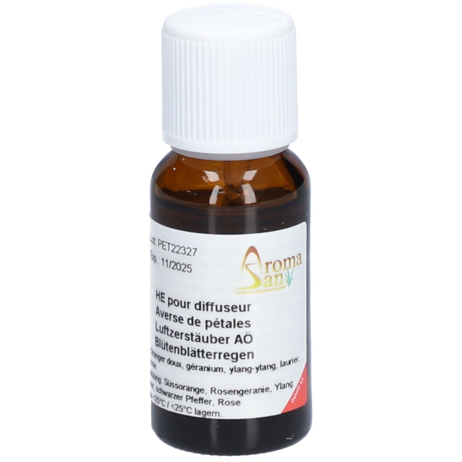 Braune Glasflasche mit weißem Schraubverschluss. Etikett mit Produktinformationen. Aufschrift: AromaSan, HE pour diffuseur, Blütenblätterregen.
