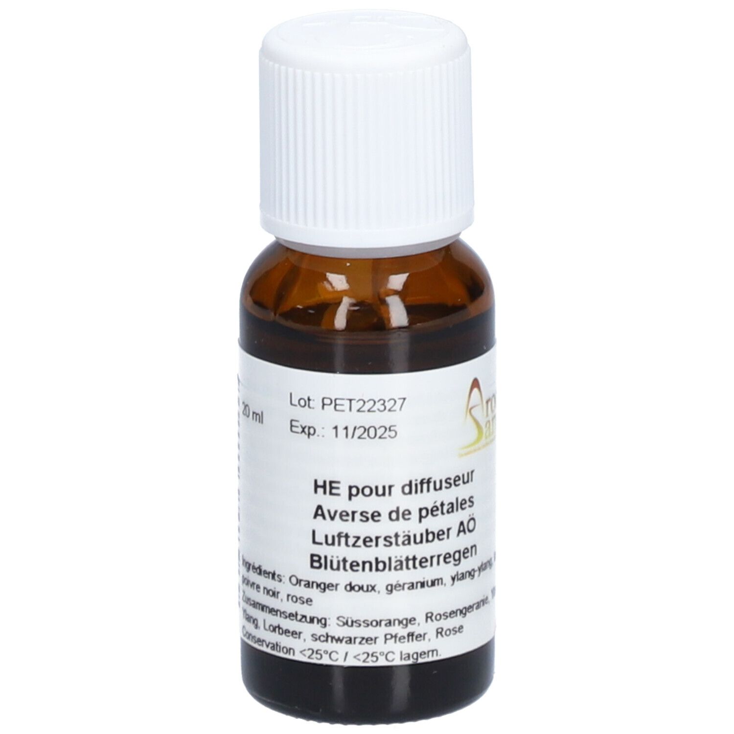 Braune Glasflasche mit weißem Schraubverschluss. Etikett mit Produktinformationen. Aufschrift: AromaSan, HE pour diffuseur, Blütenblätterregen, 20 ml.
