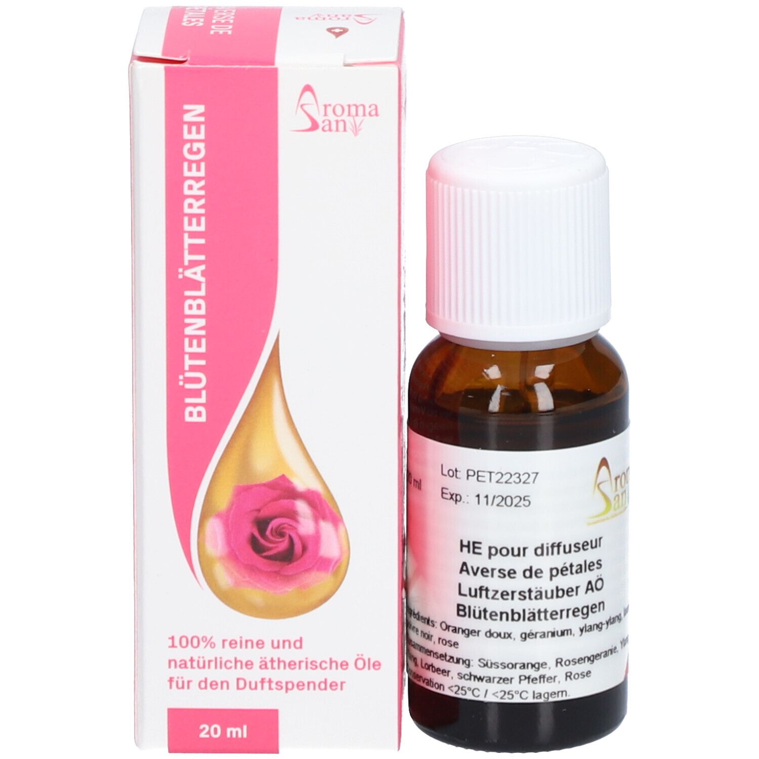 Produktverpackung mit Flasche. Aufschrift: Blütenblätterregen, 100% reine ätherische Öle für den Duftspender, 20 ml.
