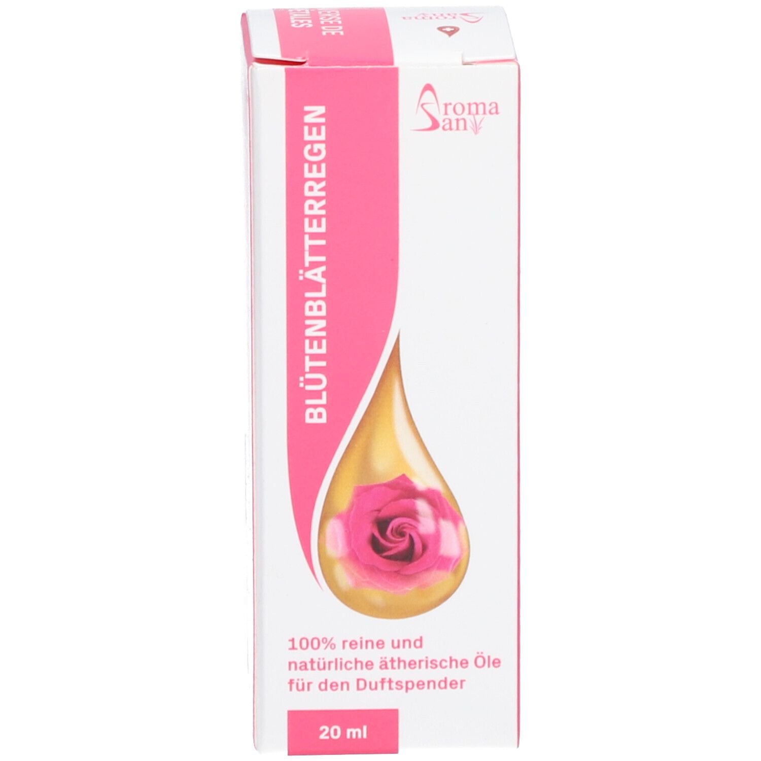 Produktverpackung. Aufschrift: Blütenblätterregen, 100% reine und natürliche ätherische Öle für den Duftspender, 20 ml.