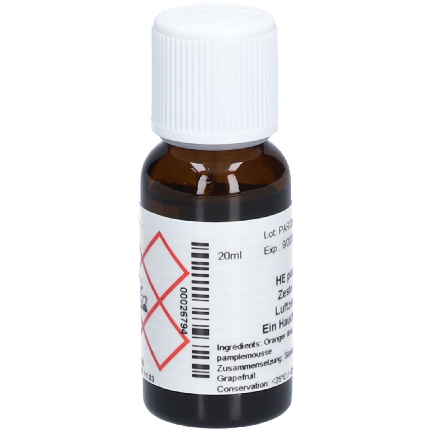 Braune Glasflasche mit weißem Deckel. Etikett mit Text und Gefahrensymbolen. 20ml. Exp. 9/2025.