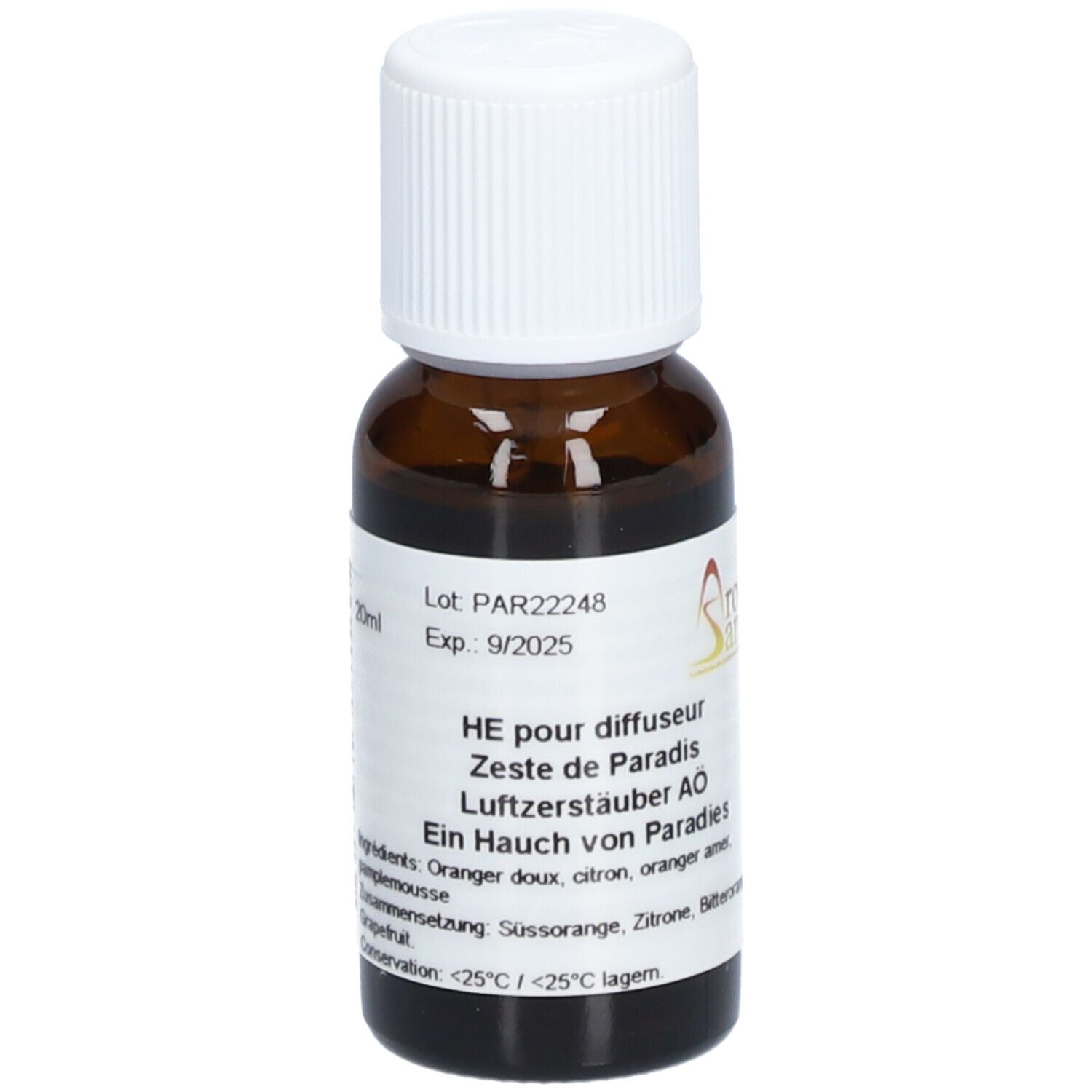 Braune Glasflasche mit weißem Deckel. Etikett mit Text und Gefahrensymbolen. 20ml. Exp. 9/2025. Aromasan Logo.
