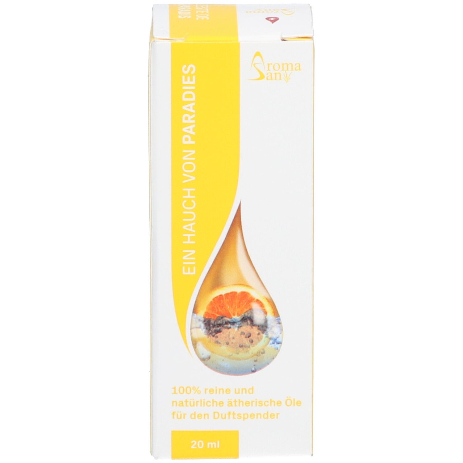 Gelbe Schachtel mit Text: Ein Hauch von Paradies, Aromasan Logo. 20 ml. Abbildung einer Frucht.