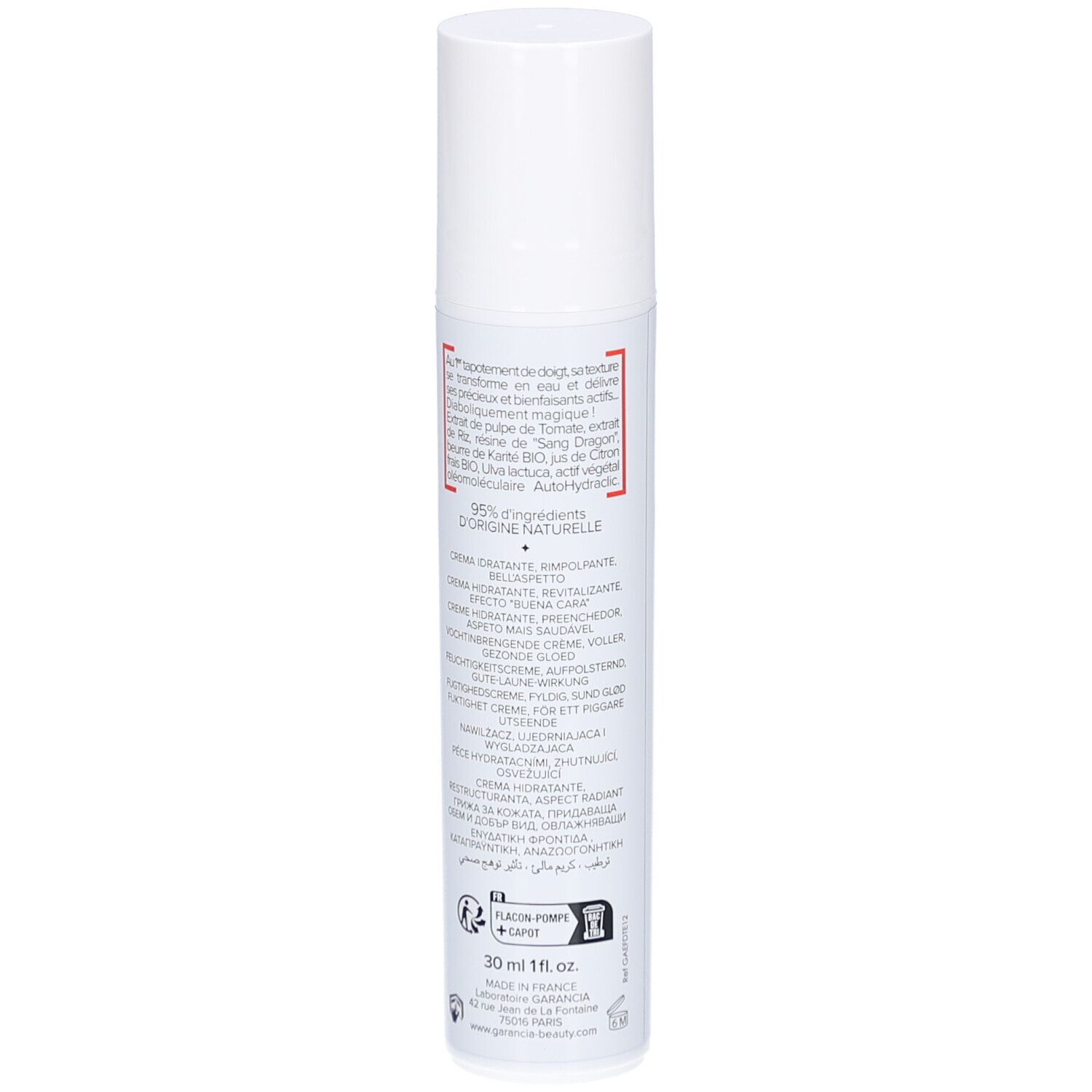 Weiße Flasche mit Produkttext. Text: GARANCIA, Diabolique Tomate, Crème d'Eau, Water Cream. 30 ml.