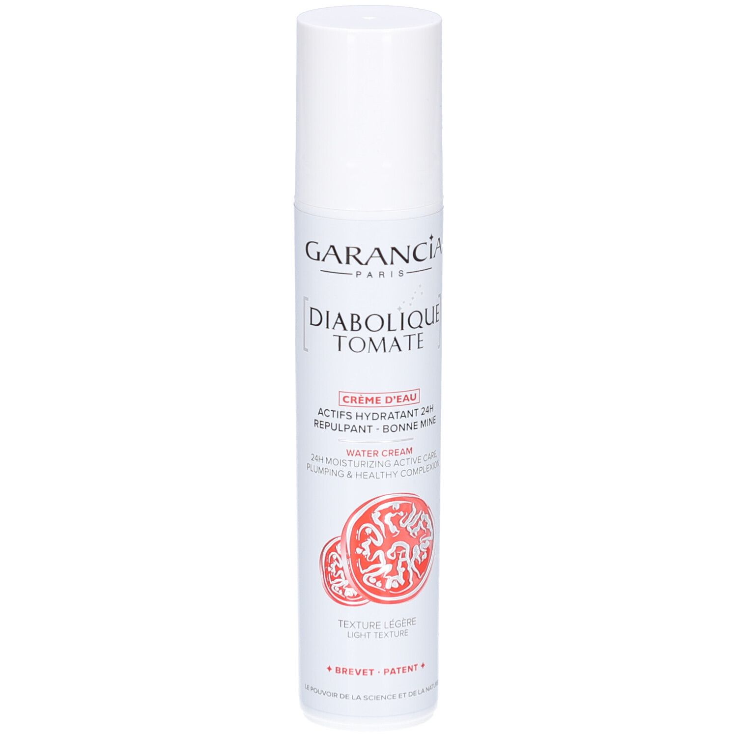 Weiße Flasche mit Produkttext. Text: GARANCIA, Diabolique Tomate, Crème d'Eau, Water Cream. Rote Tomaten-Illustration.