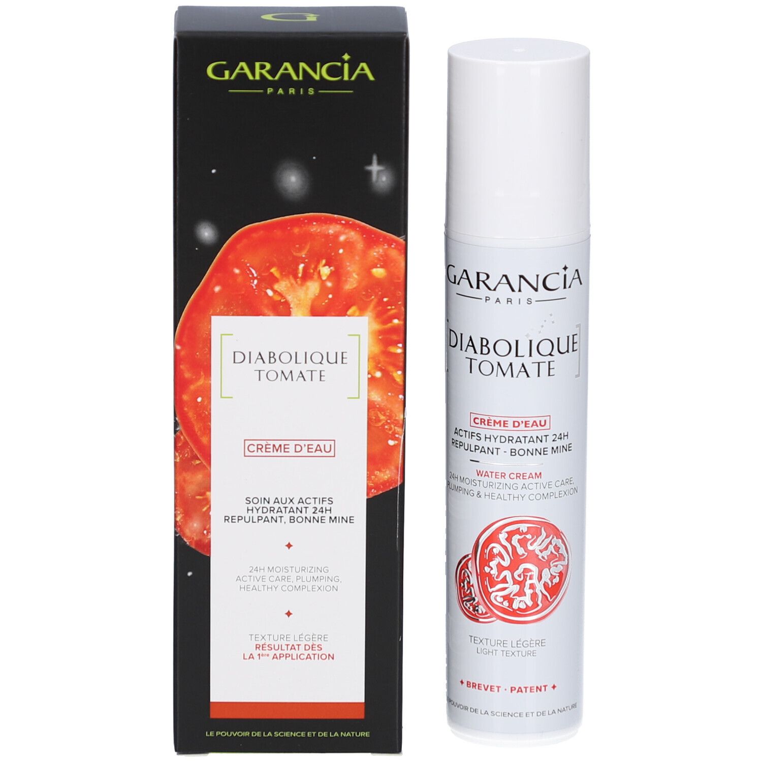Produktverpackung und Flasche. Verpackung: GARANCIA, Diabolique Tomate, Crème d'Eau. Flasche: GARANCIA, Diabolique Tomate.