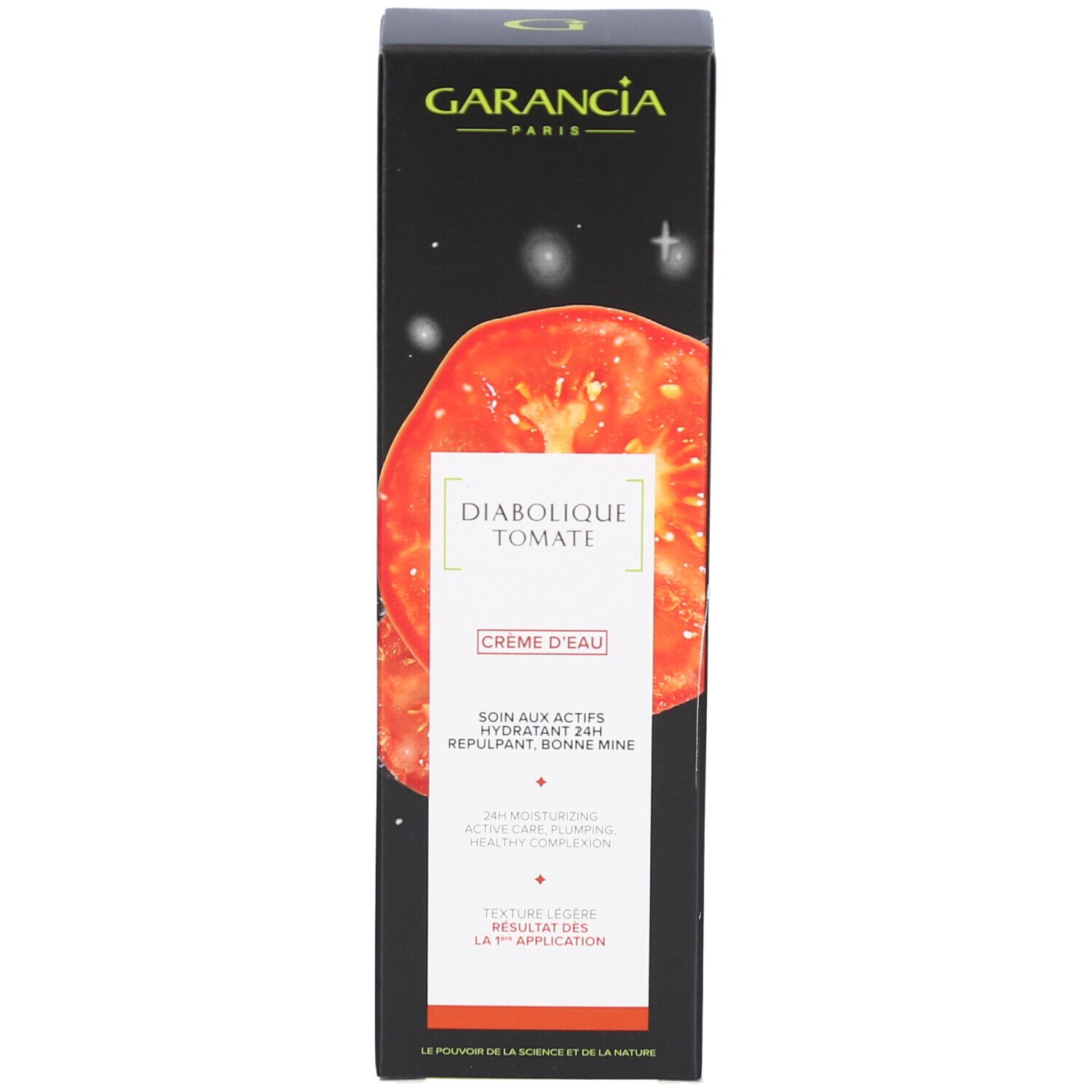 Produktverpackung. Text: GARANCIA, Diabolique Tomate, Crème d'Eau. Illustration einer Tomate.