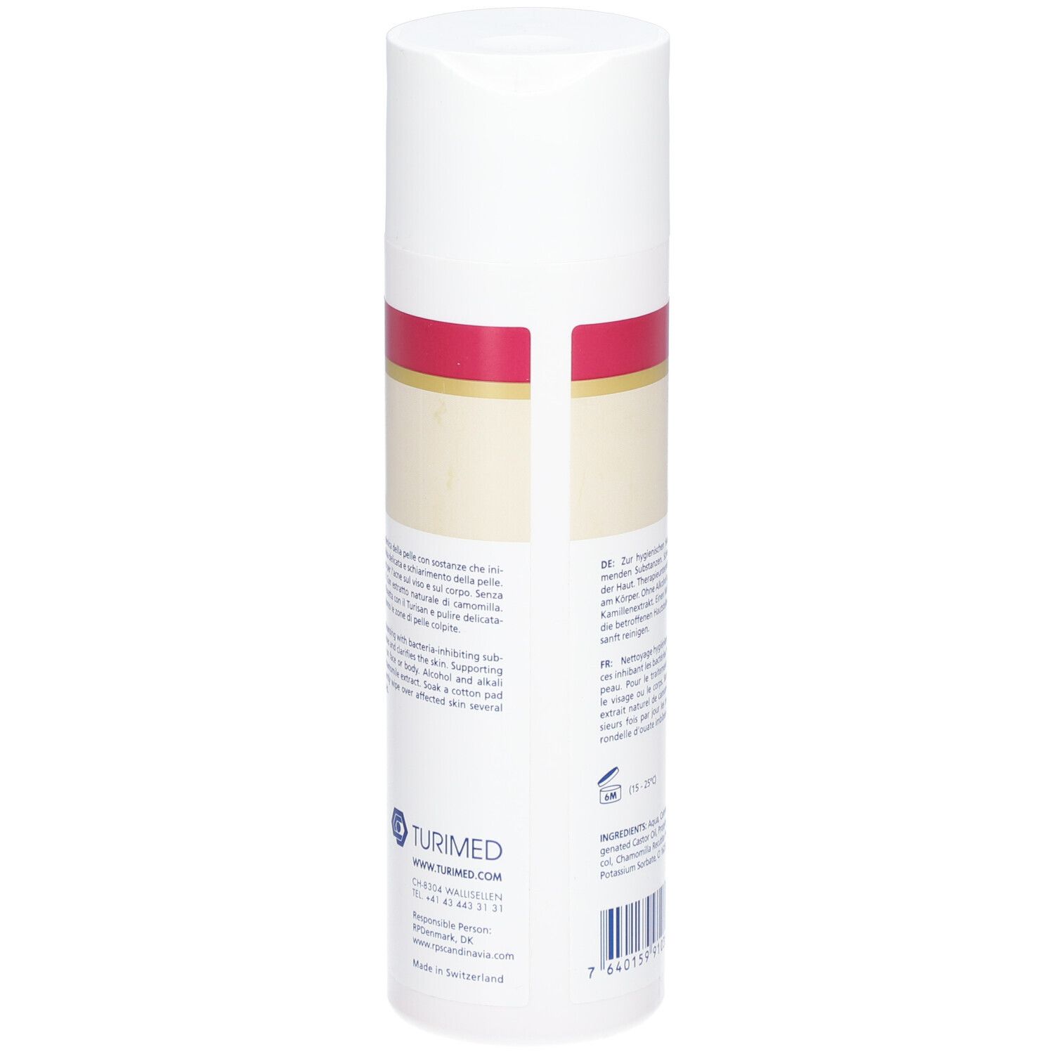 Dos du flacon TURISAN®. Cylindre blanc avec bande rouge. Texte: TURIMED, www.turimed.com.