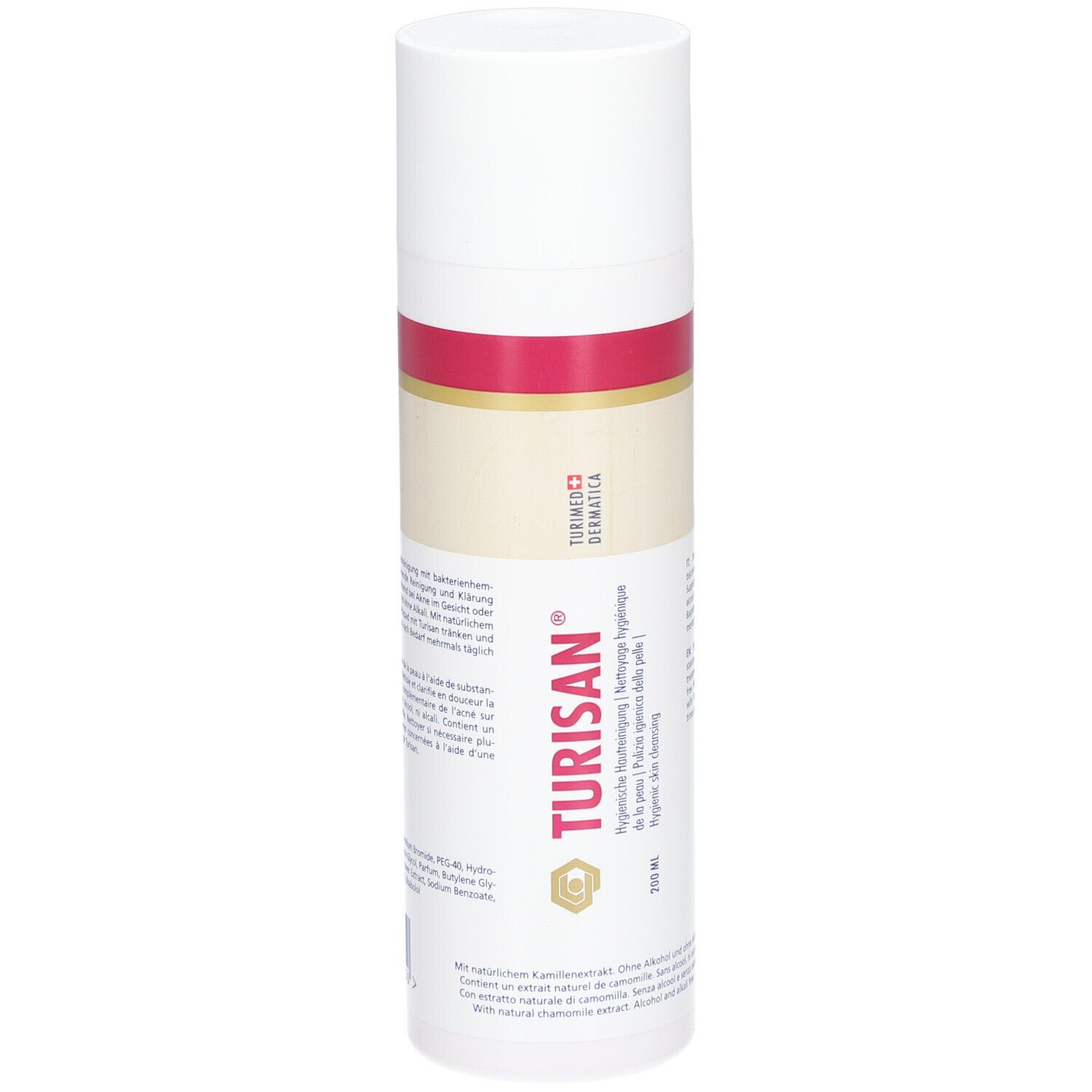 Flacon TURISAN®. Cylindre blanc avec bande rouge. Texte: Nettoyage hygiénique de la peau. 200 ml.