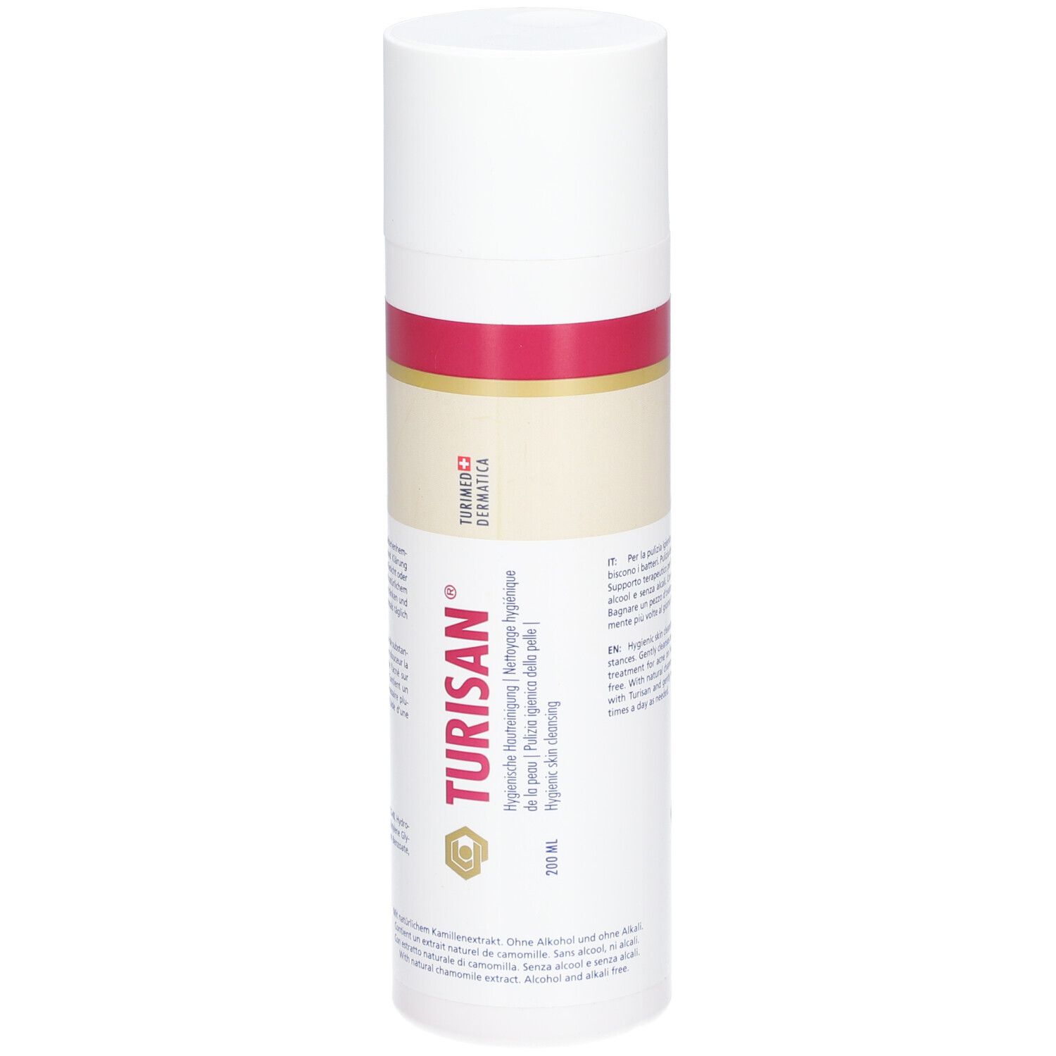 Flacon TURISAN®. Cylindre blanc avec bande rouge. Texte: Nettoyage hygiénique de la peau. 200 ml.