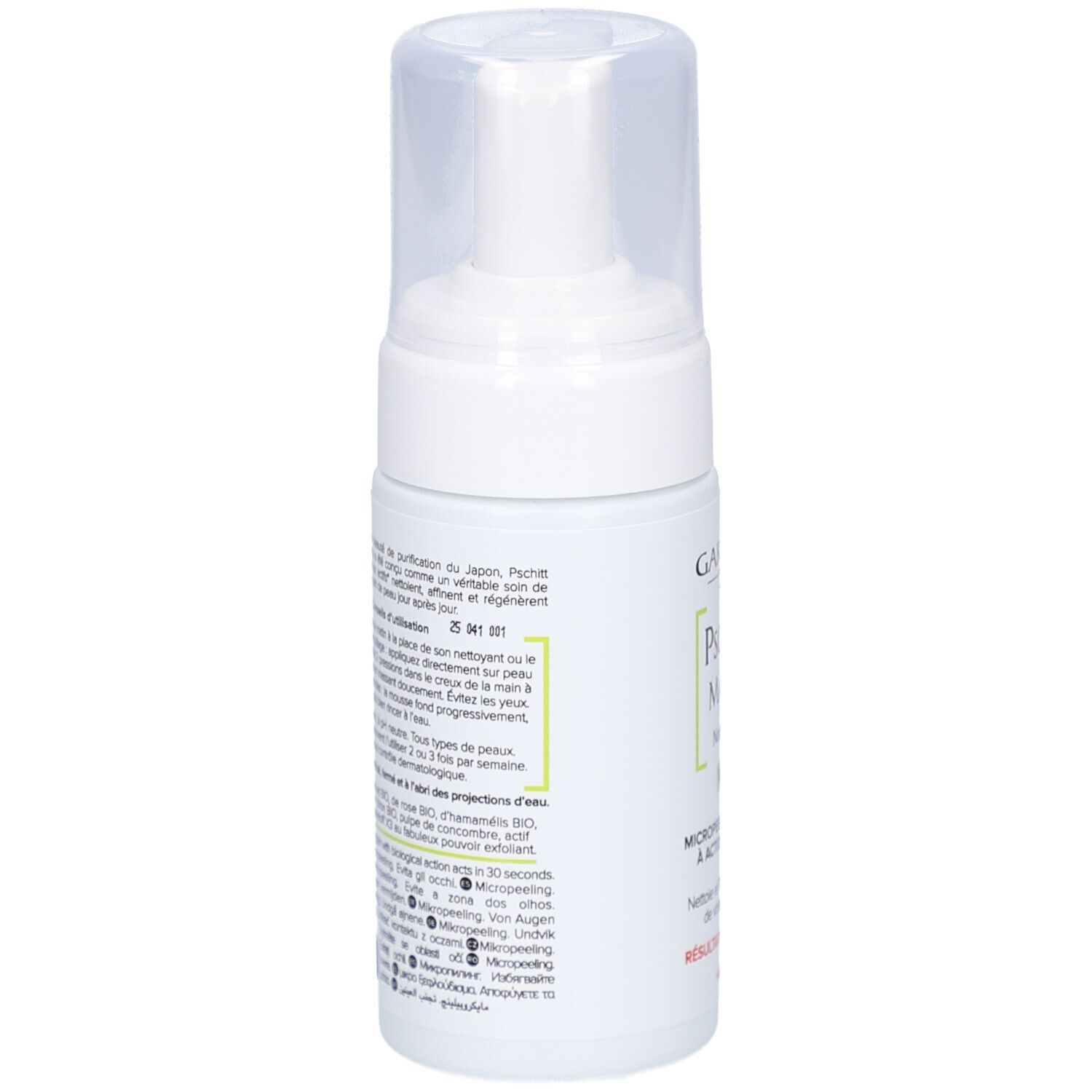 Weiße Flasche mit Sprühkopf. Aufschrift: GARANCIA, Pschitt Magique, Nouvelle Peau, Visage. Text in Französisch.
