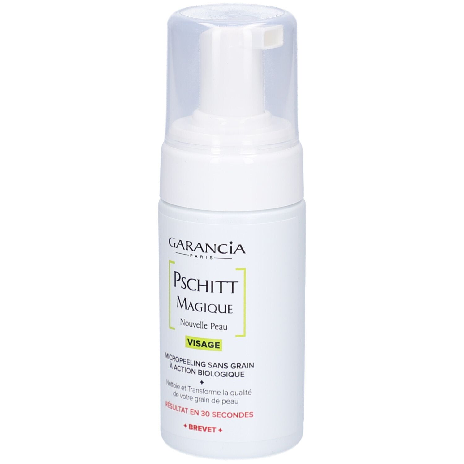 Weiße Flasche mit Sprühkopf. Aufschrift: GARANCIA, Pschitt Magique, Nouvelle Peau, Visage. Mikropeeling ohne Körner.