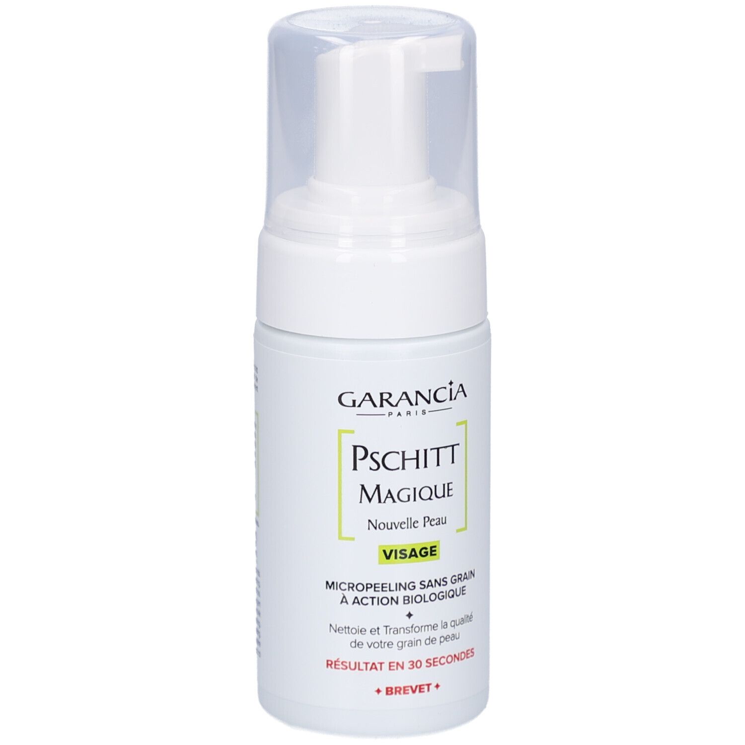 Weiße Flasche mit Sprühkopf. Aufschrift: GARANCIA, Pschitt Magique, Nouvelle Peau, Visage. Mikropeeling ohne Körner.