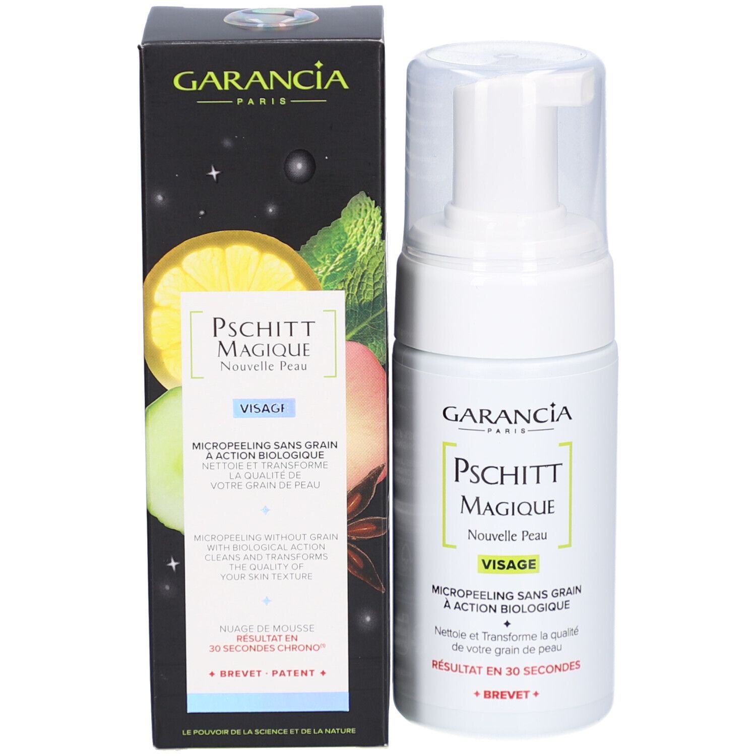Produktflasche und Verpackung. Aufschrift: GARANCIA, Pschitt Magique, Nouvelle Peau, Visage. Mikropeeling ohne Körner.