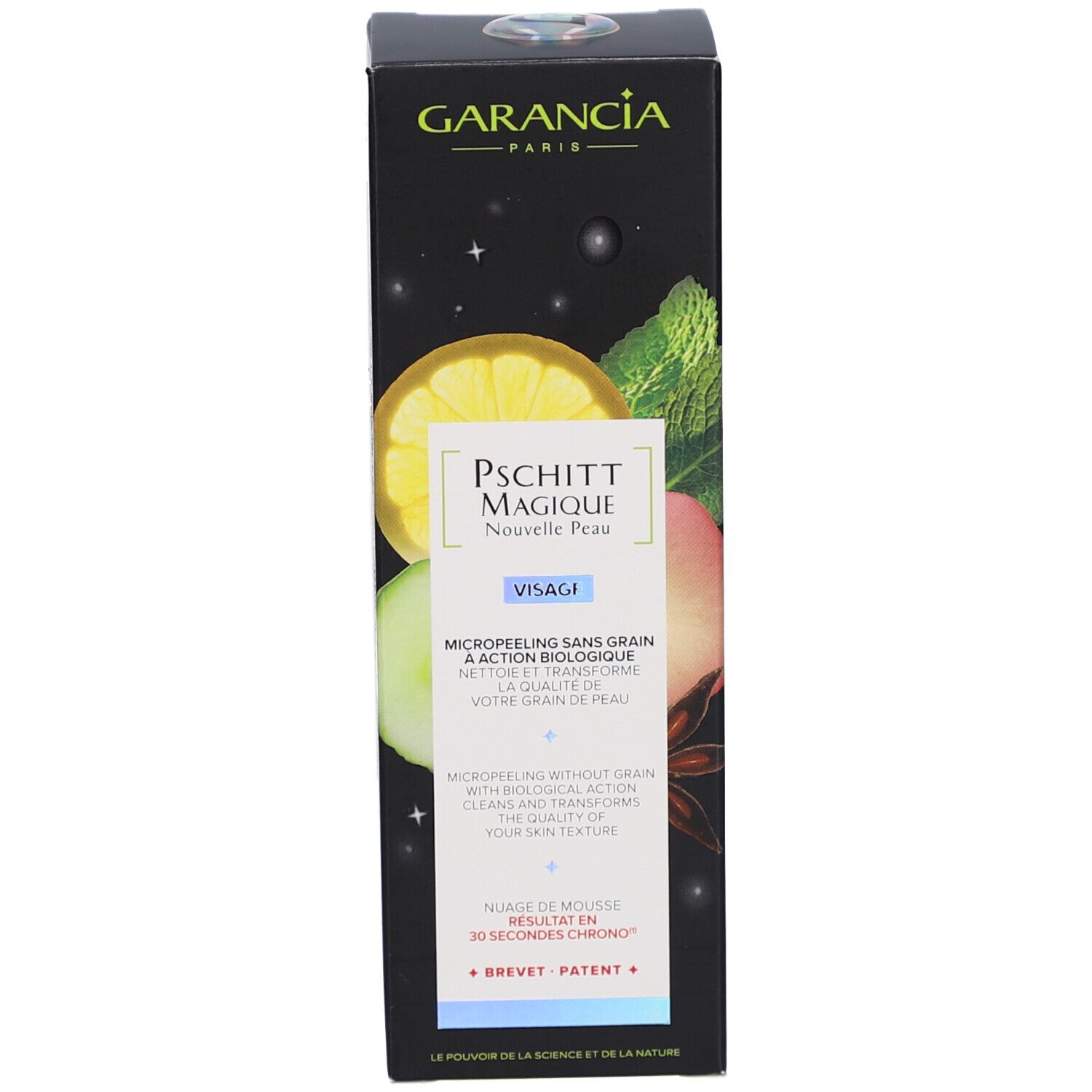 Produktverpackung. Aufschrift: GARANCIA, Pschitt Magique, Nouvelle Peau, Visage. Mikropeeling ohne Körner.