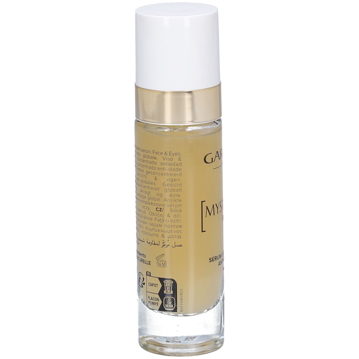 Rückseite des Flakons. Text in mehreren Sprachen. Aufschrift: GARANCIA, Serum Anti-Âge Global Visage & Yeux.
