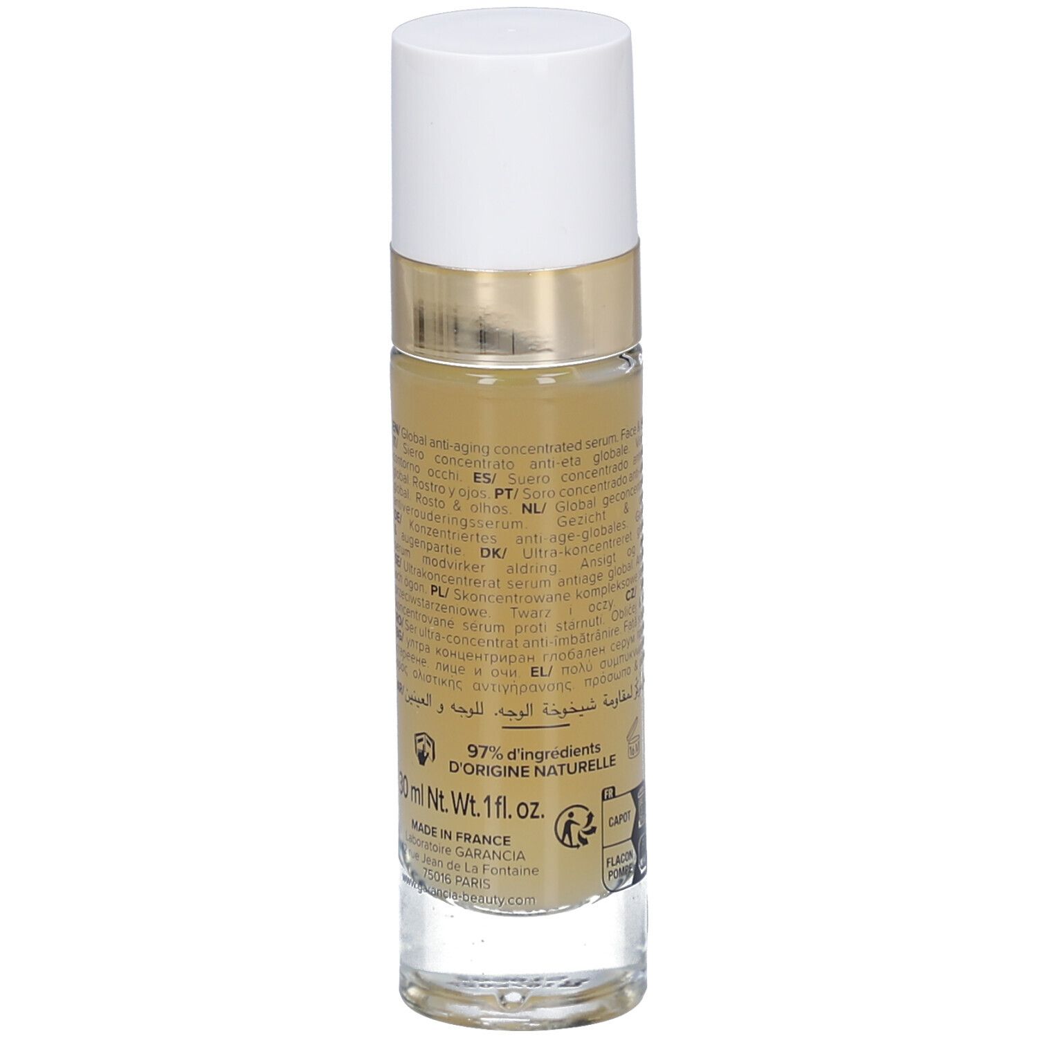 Rückseite des Flakons. Text in mehreren Sprachen. Aufschrift: 97% Inhaltsstoffe natürlichen Ursprungs, 30 ml.