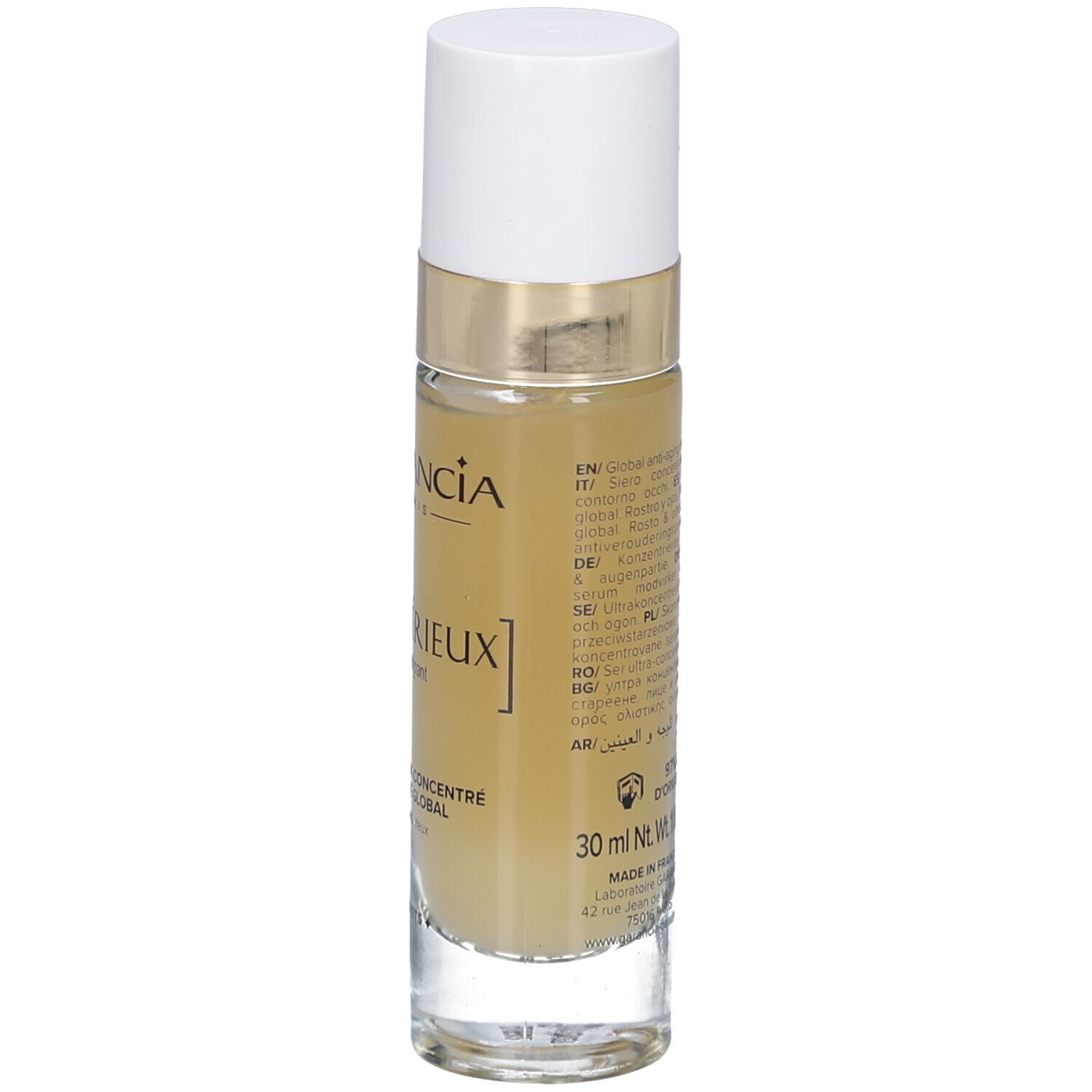 Rückseite des Flakons. Text in mehreren Sprachen. Aufschrift: 30 ml, Made in France.