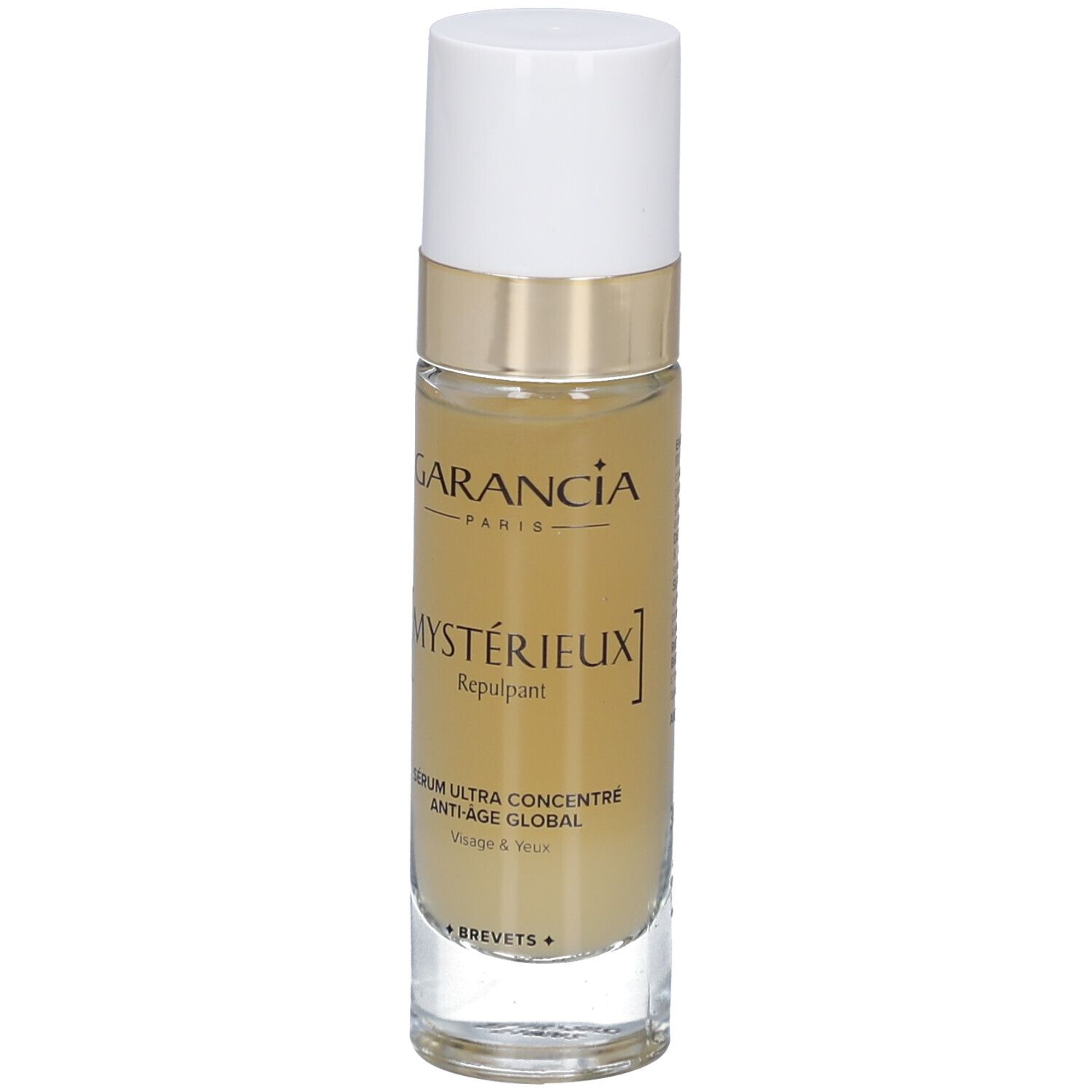 Flakon mit weißem Deckel. Aufschrift: GARANCIA PARIS, [MYSTÉRIEUX] Repulpant, Serum Anti-Âge Visage & Yeux.