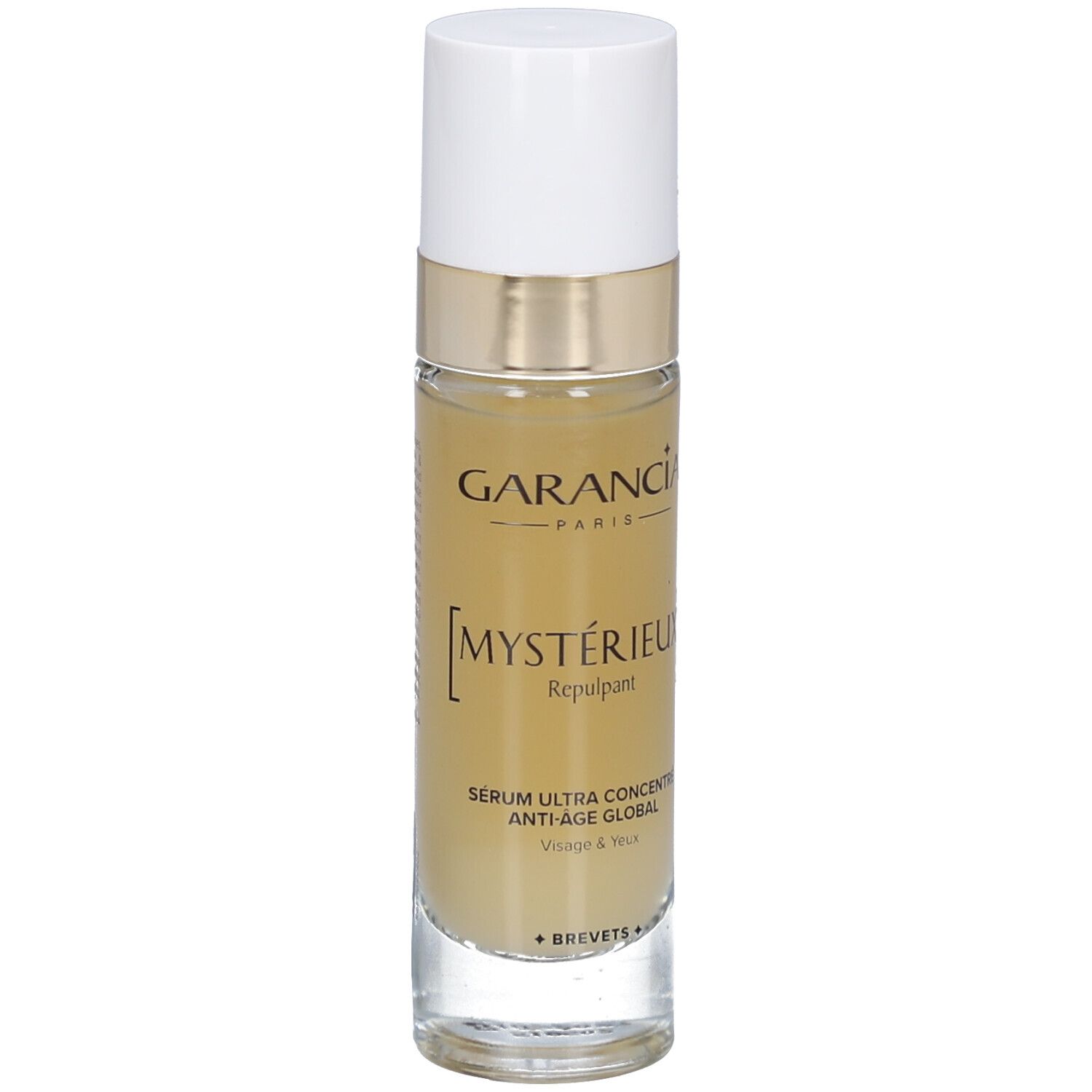 Flakon mit weißem Deckel. Aufschrift: GARANCIA PARIS, [MYSTÉRIEUX] Repulpant, Serum Anti-Âge Visage & Yeux.