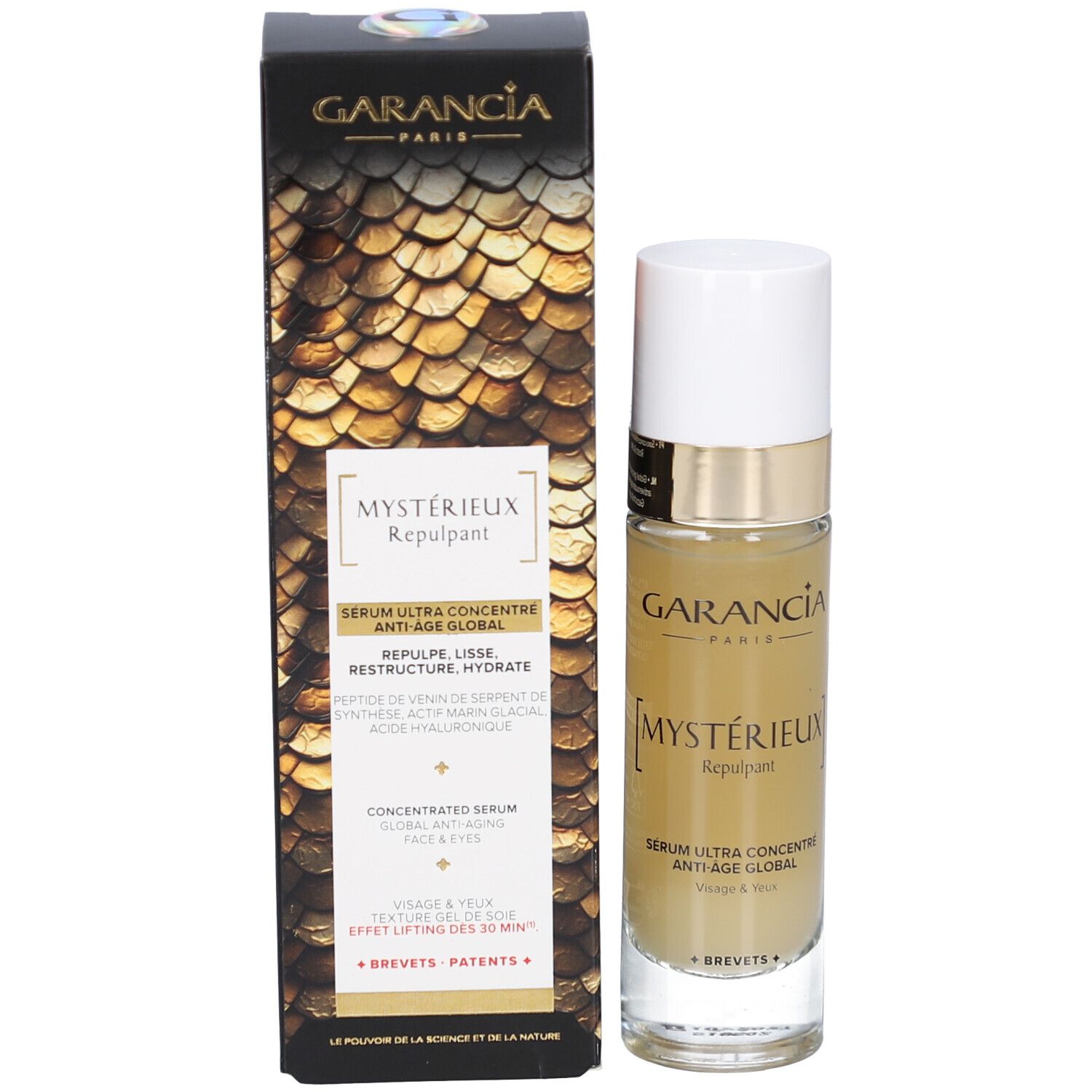 Produkt mit Verpackung. Aufschrift: GARANCIA, [MYSTÉRIEUX] Repulpant, Serum Anti-Âge Global Visage & Yeux.