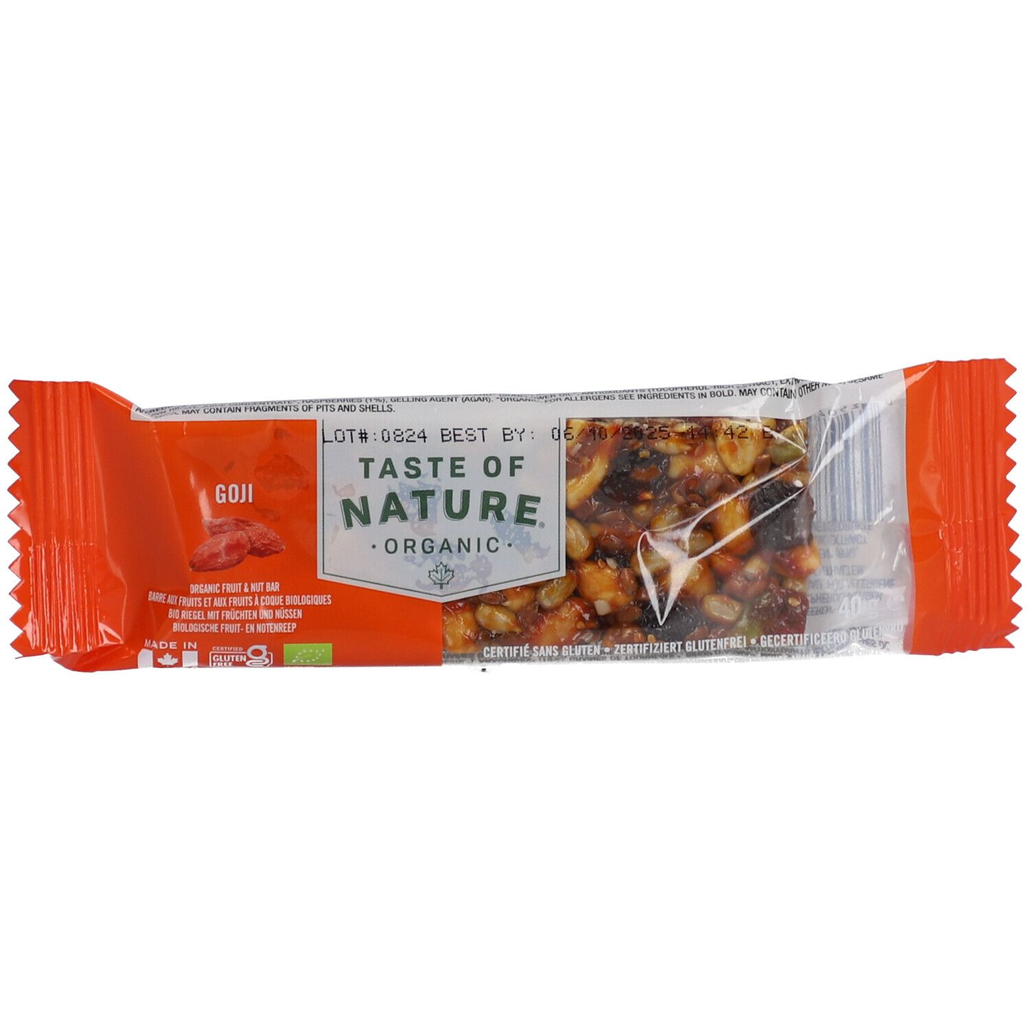 Gojibeere-Riegel in orangefarbener Verpackung. Sichtbar: "Taste of Nature Organic". Glutenfrei.