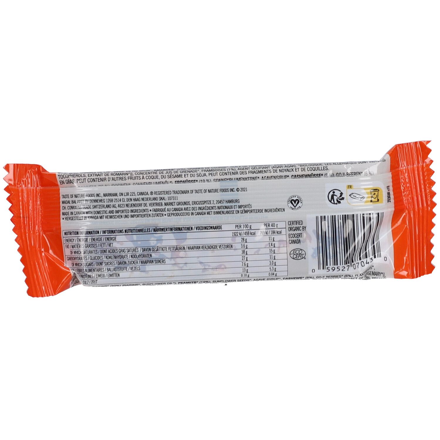 Rückseite des Goji-Riegels. Orangefarbene Verpackung mit Nährwertangaben und Text.