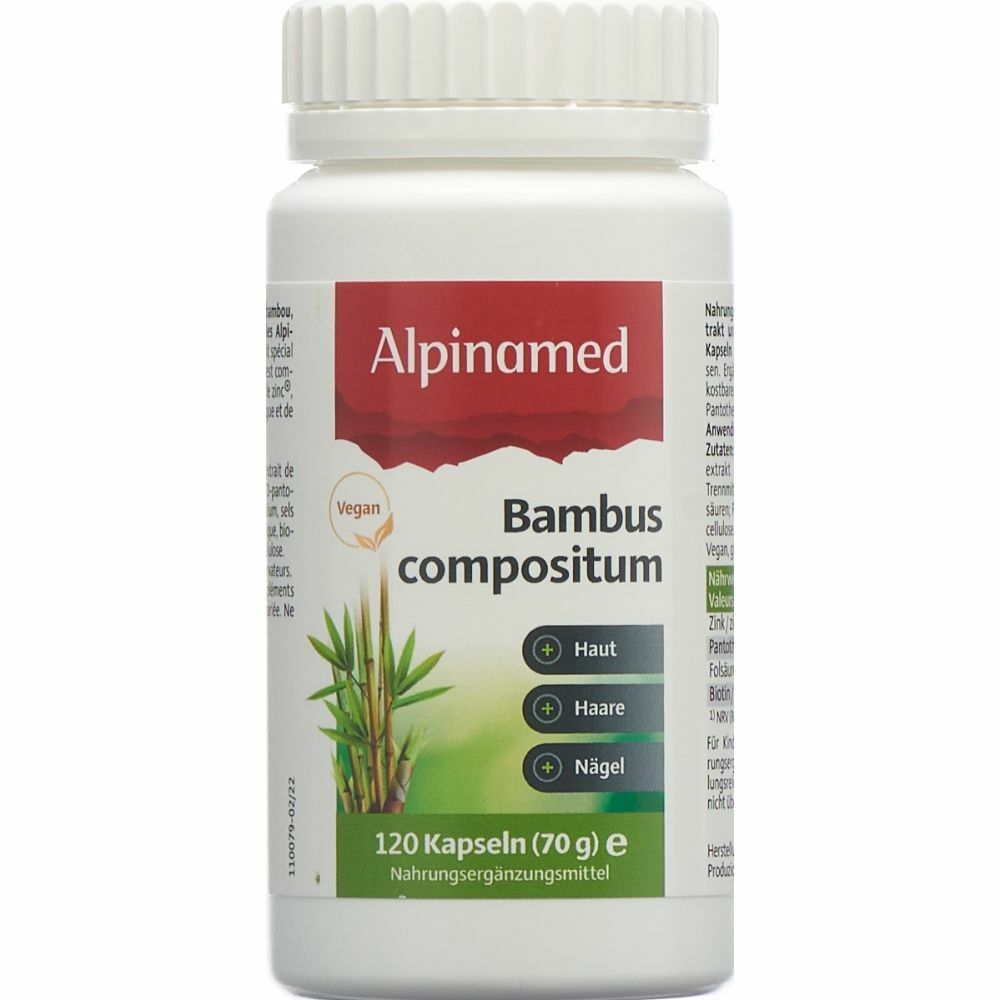 Weiße Flasche mit rotem Etikett. Aufschrift: Alpinamed Bambus compositum. 120 Kapseln. Vegan.