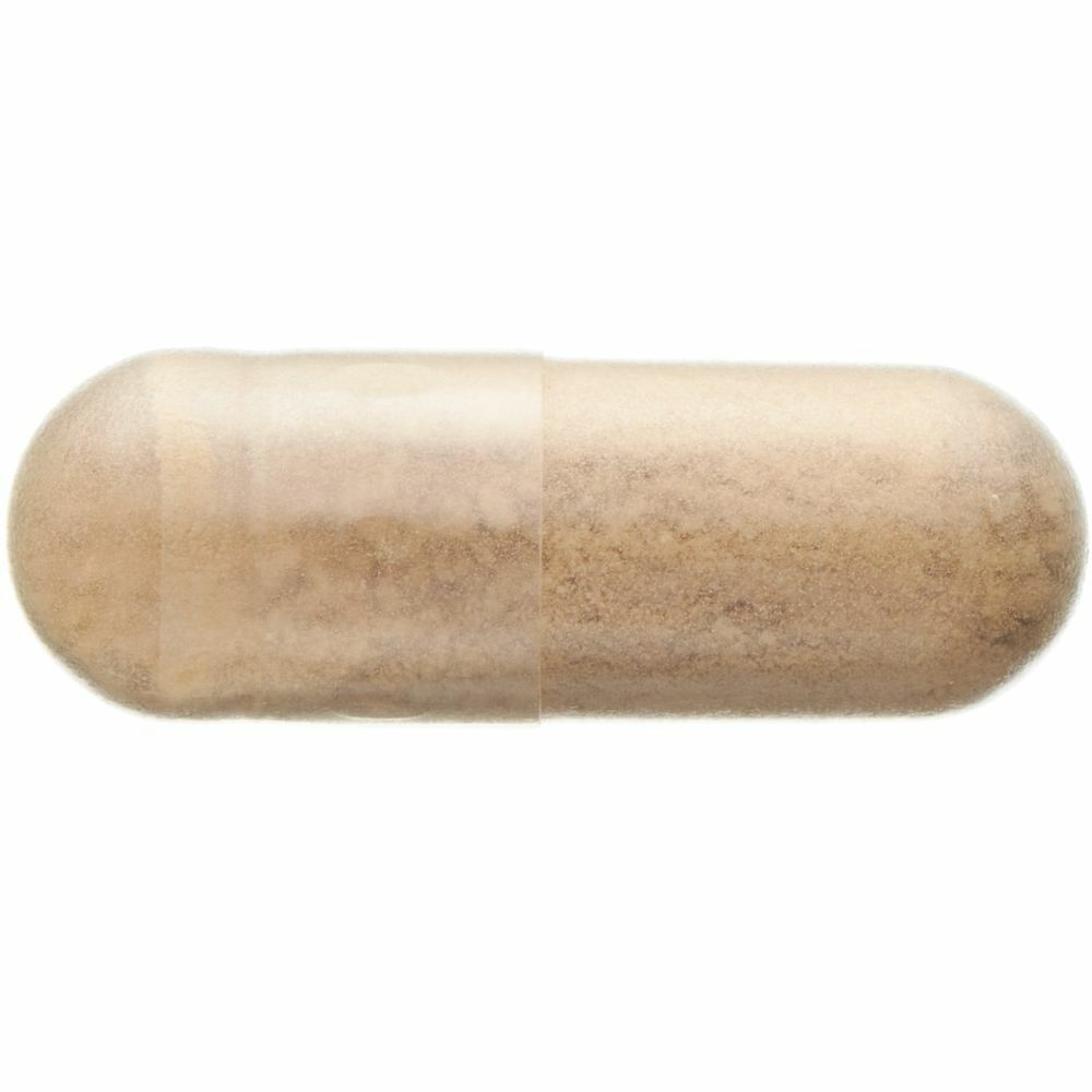 Beigefarbene Kapsel. Längliche Form, zweigeteilt.