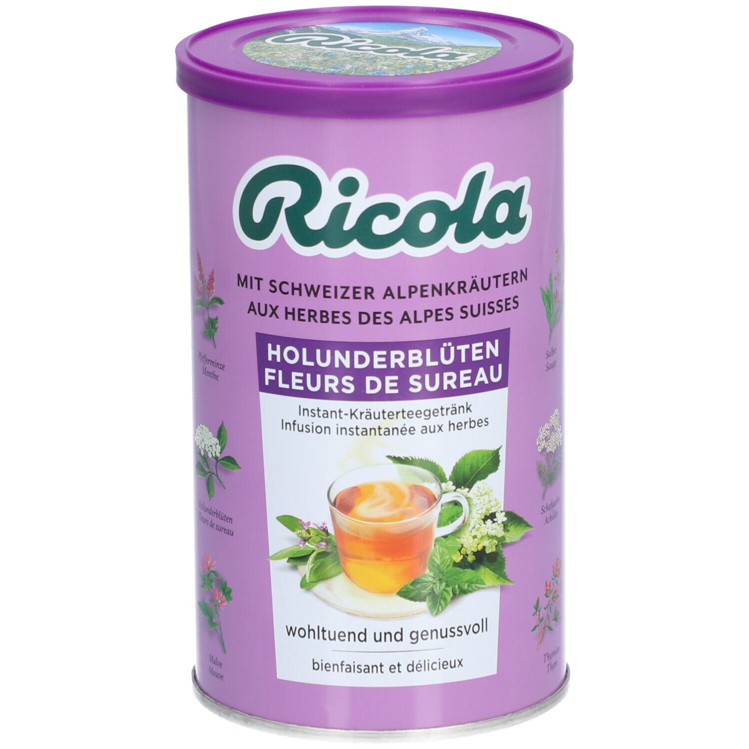 Zylindrische Dose Ricola Instant Kräutertee Holunderblüten. Lila Deckel und Dose. Text und Kräuterabbildungen.