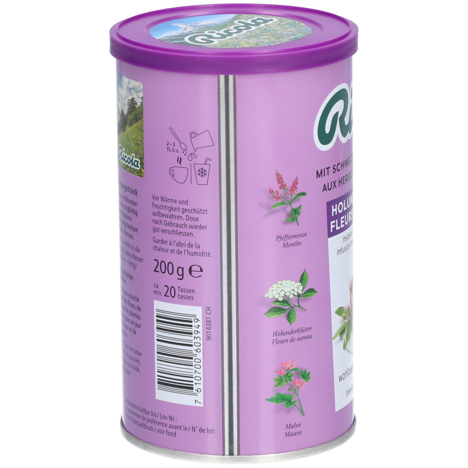 Rückseite der Dose Ricola Instant Kräutertee Holunderblüten. Text, Zutaten, Zubereitung, Barcode und 200g.